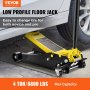 VEVOR floor jack lifting a car, low profile design, 4-ton/8800 lbs max capacity, yellow and black color.