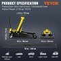 VEVOR floor jack product specifications, with sizes for riding lawn mowers, cars, suvs, light trucks, and mini rvs.