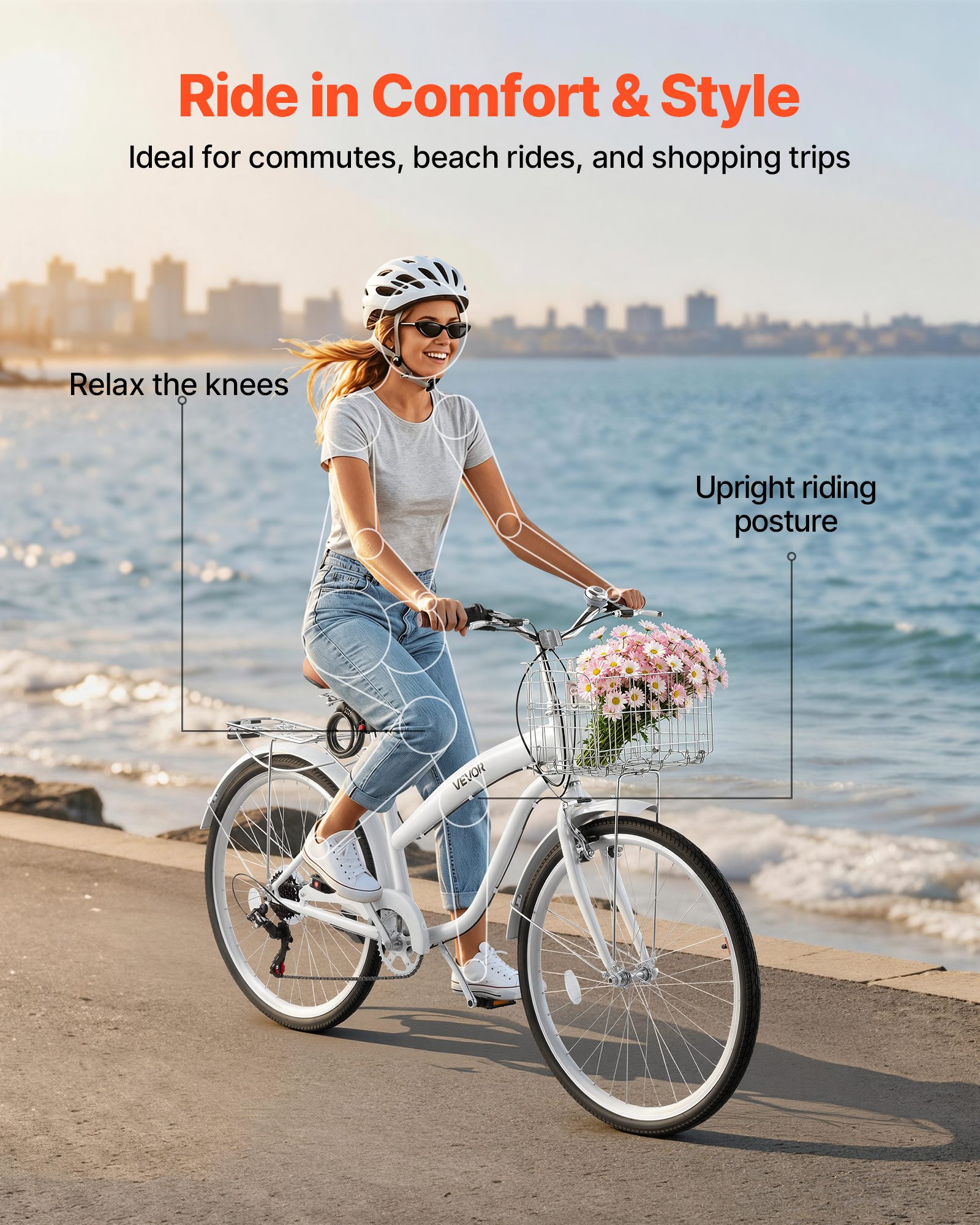 VEVOR Women Bike, 26 in Beach Cruiser Bike, 7-Speed Adult City Bicycle with Carbon Steel Frame, 330 lbs Capacity, Basket, Rear Rack & Dual V-Brakes, White