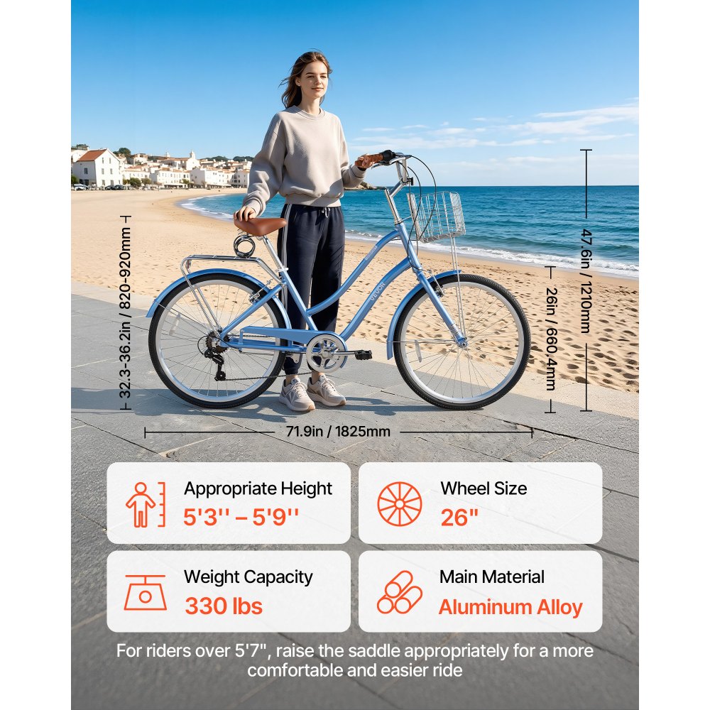 VEVOR dames cruiserfiets van 26 inch, draagvermogen 150 kg, 7 versnellingen, lichtblauw, voor woon-werkverkeer, boodschappen en stranduitstapjes, met mandje, bagagedrager (tot 50 kg), dubbele V-remmen en praktische accessoires.