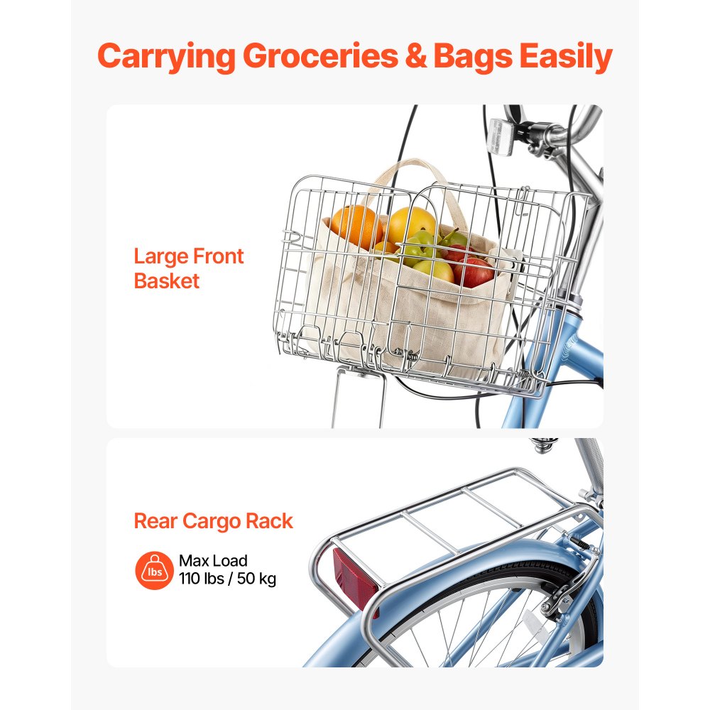 VEVOR dames cruiserfiets van 26 inch, draagvermogen 150 kg, 7 versnellingen, lichtblauw, voor woon-werkverkeer, boodschappen en stranduitstapjes, met mandje, bagagedrager (tot 50 kg), dubbele V-remmen en praktische accessoires.