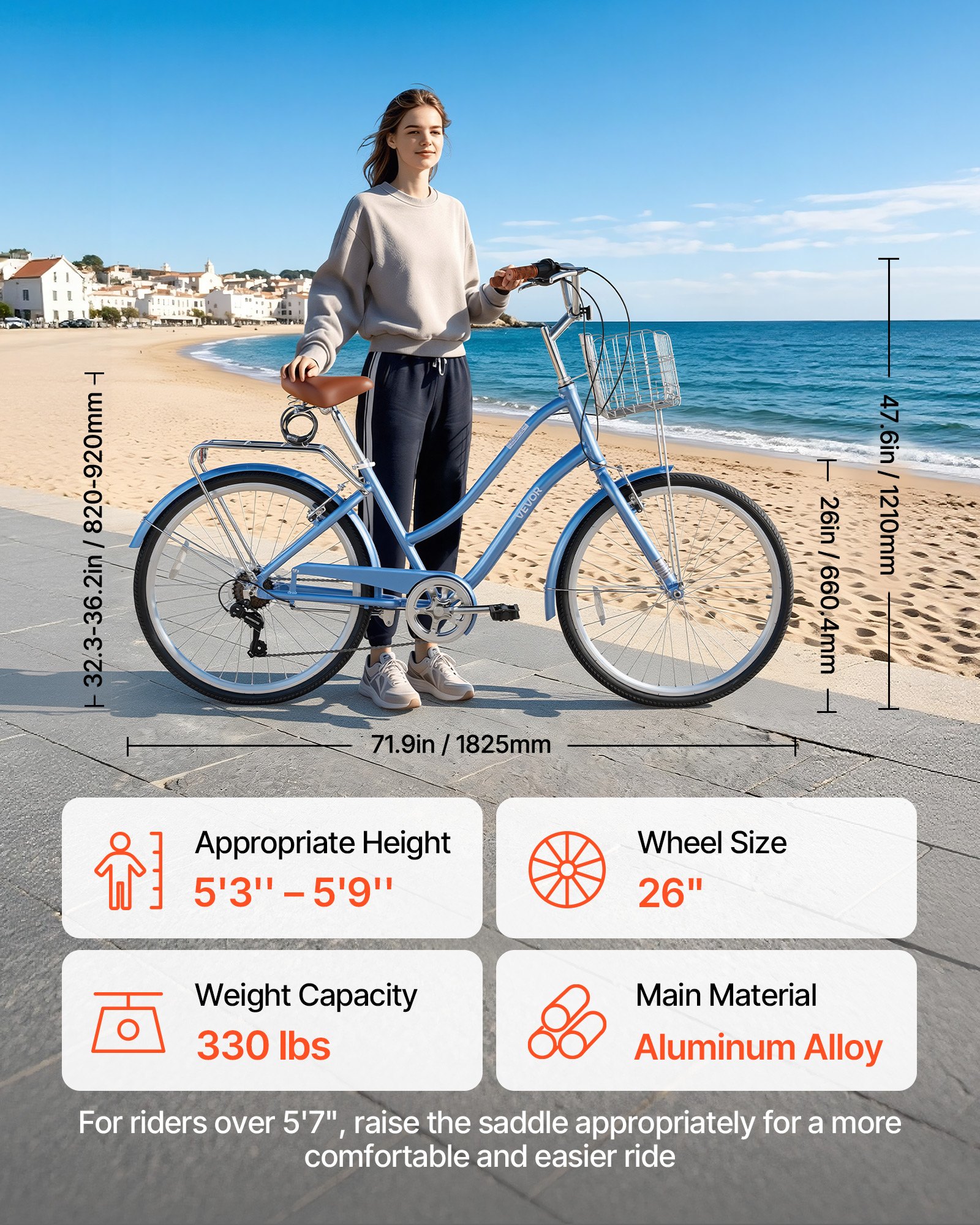 VEVOR dames cruiserfiets van 26 inch, draagvermogen 150 kg, 7 versnellingen, lichtblauw, voor woon-werkverkeer, boodschappen en stranduitstapjes, met mandje, bagagedrager (tot 50 kg), dubbele V-remmen en praktische accessoires.
