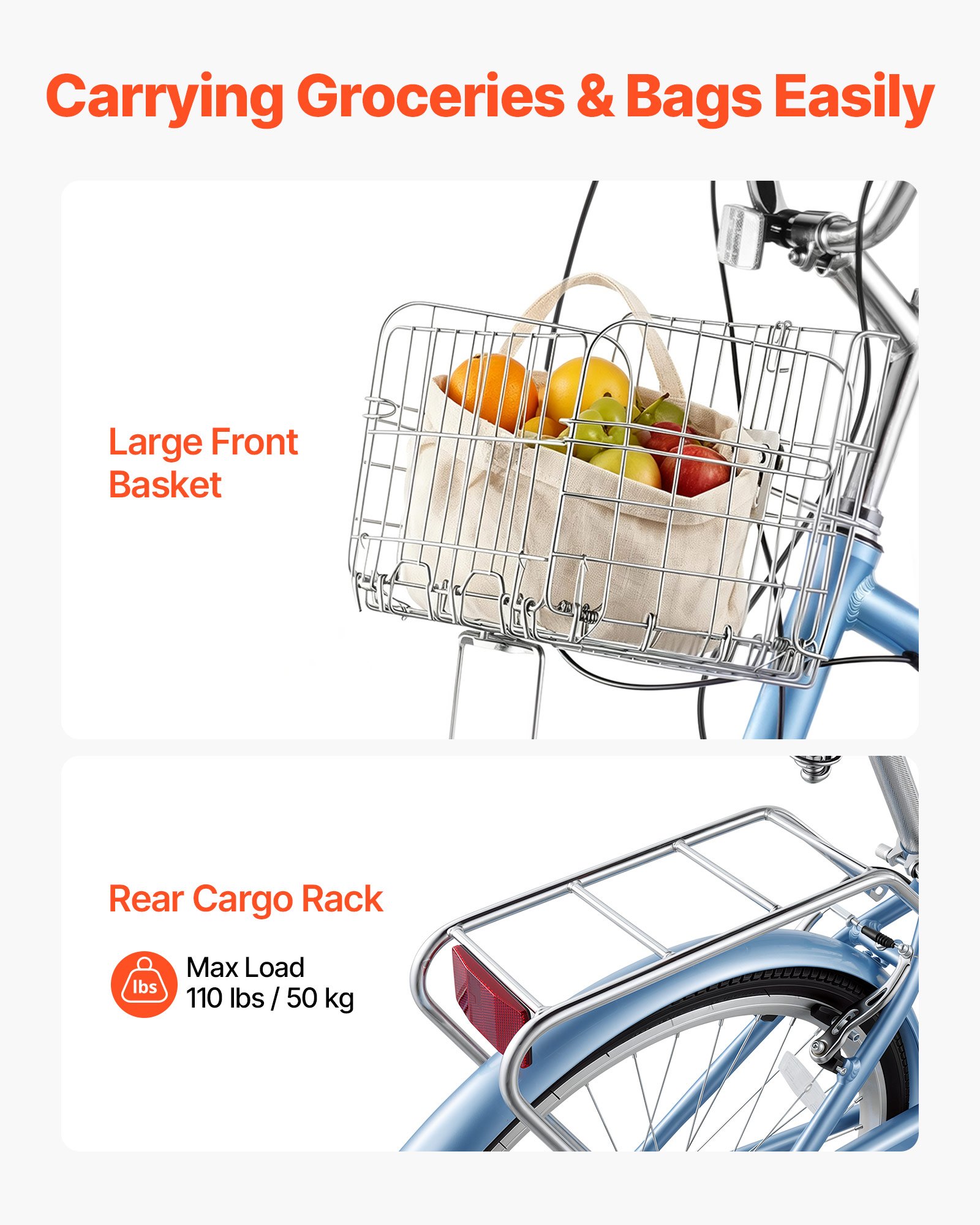 VEVOR dames cruiserfiets van 26 inch, draagvermogen 150 kg, 7 versnellingen, lichtblauw, voor woon-werkverkeer, boodschappen en stranduitstapjes, met mandje, bagagedrager (tot 50 kg), dubbele V-remmen en praktische accessoires.