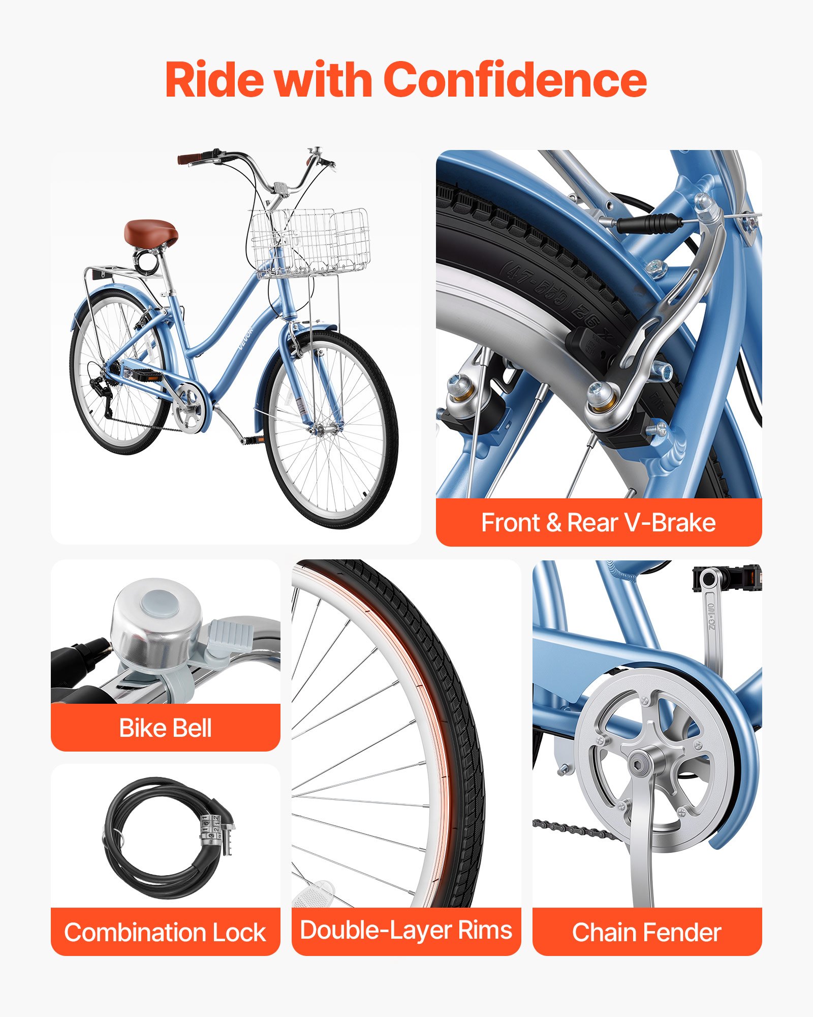 VEVOR dames cruiserfiets van 26 inch, draagvermogen 150 kg, 7 versnellingen, lichtblauw, voor woon-werkverkeer, boodschappen en stranduitstapjes, met mandje, bagagedrager (tot 50 kg), dubbele V-remmen en praktische accessoires.
