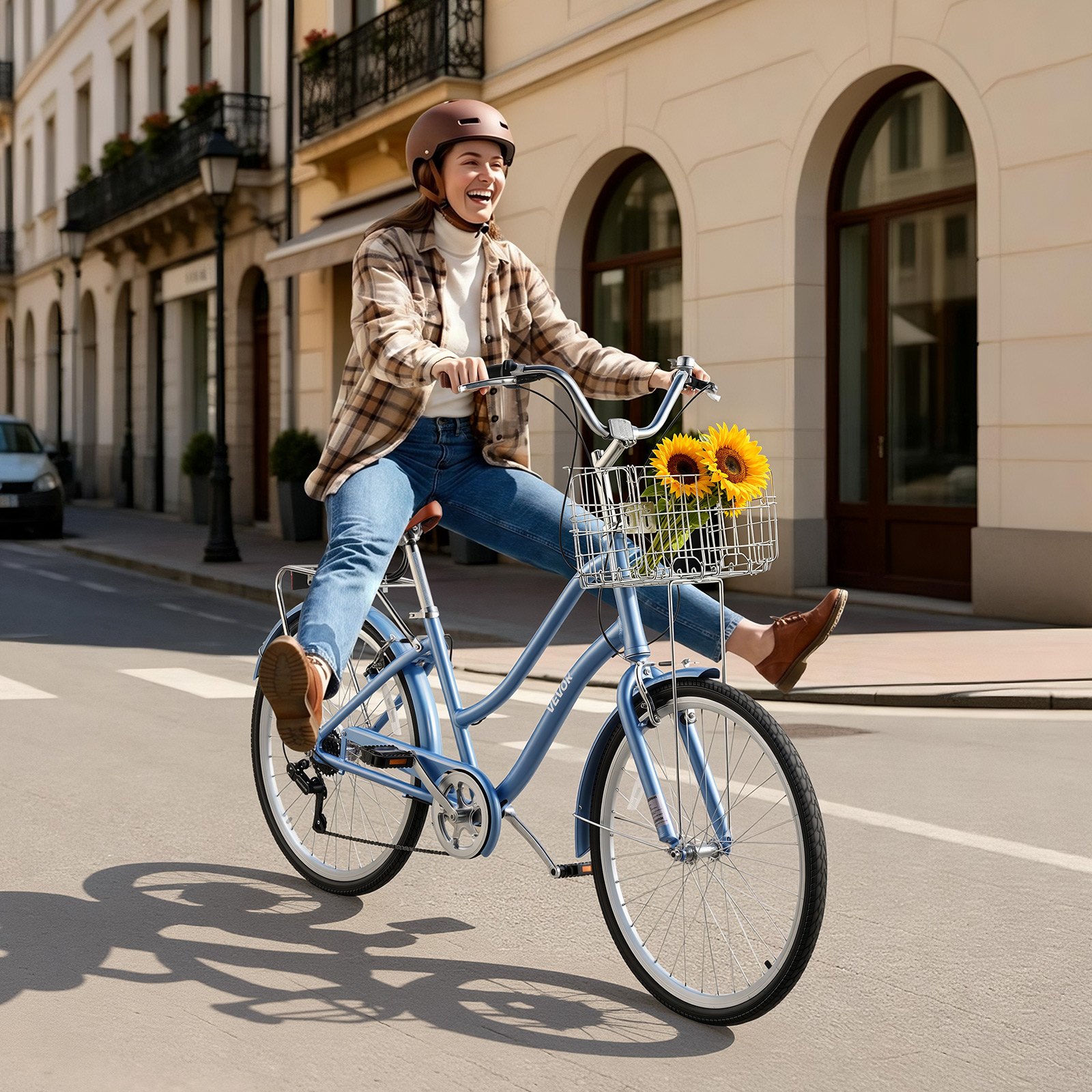 VEVOR dames cruiserfiets van 26 inch, draagvermogen 150 kg, 7 versnellingen, lichtblauw, voor woon-werkverkeer, boodschappen en stranduitstapjes, met mandje, bagagedrager (tot 50 kg), dubbele V-remmen en praktische accessoires.