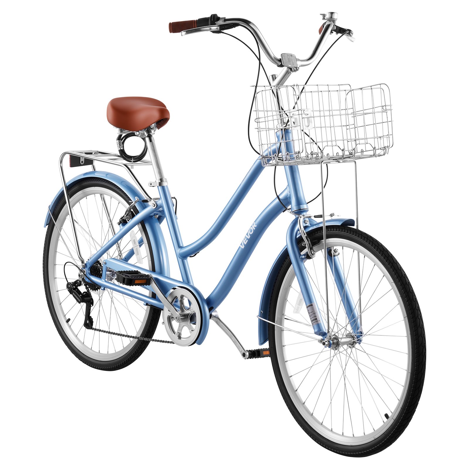 VEVOR dames cruiserfiets van 26 inch, draagvermogen 150 kg, 7 versnellingen, lichtblauw, voor woon-werkverkeer, boodschappen en stranduitstapjes, met mandje, bagagedrager (tot 50 kg), dubbele V-remmen en praktische accessoires.