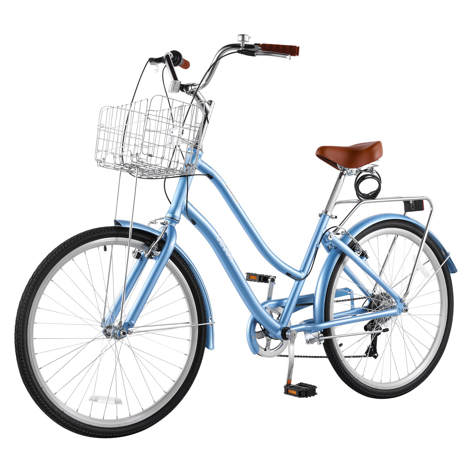 VEVOR dames cruiserfiets van 26 inch, draagvermogen 150 kg, 7 versnellingen, lichtblauw, voor woon-werkverkeer, boodschappen en stranduitstapjes, met mandje, bagagedrager (tot 50 kg), dubbele V-remmen en praktische accessoires.