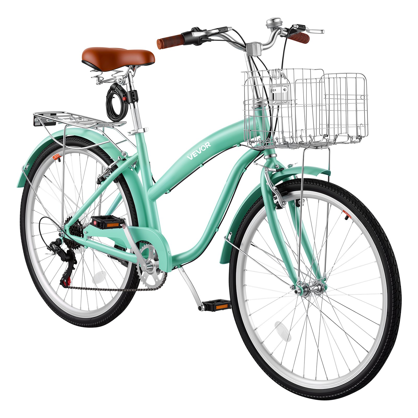 VEVOR dames cruiserfiets van 26 inch, draagvermogen 150 kg, 7 versnellingen, lichtgroen, voor woon-werkverkeer, boodschappen en strandritjes, met verstelbaar PU-zadel, V-remmen, bagagedrager tot 50 kg en gereedschapskit.