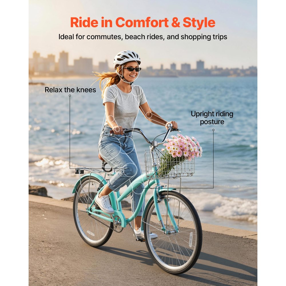 VEVOR dames cruiserfiets van 26 inch, draagvermogen 150 kg, 1 versnelling, lichtgroen, voor dagelijks gebruik en woon-werkverkeer, met rechtopzittende zitpositie, mandje, bagagedrager (tot 50 kg), dubbele V-remmen en complete accessoires.