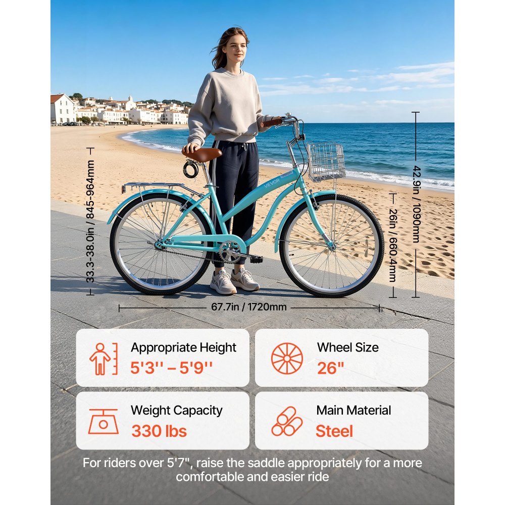 VEVOR dames cruiserfiets van 26 inch, draagvermogen 150 kg, 1 versnelling, lichtgroen, voor dagelijks gebruik en woon-werkverkeer, met rechtopzittende zitpositie, mandje, bagagedrager (tot 50 kg), dubbele V-remmen en complete accessoires.