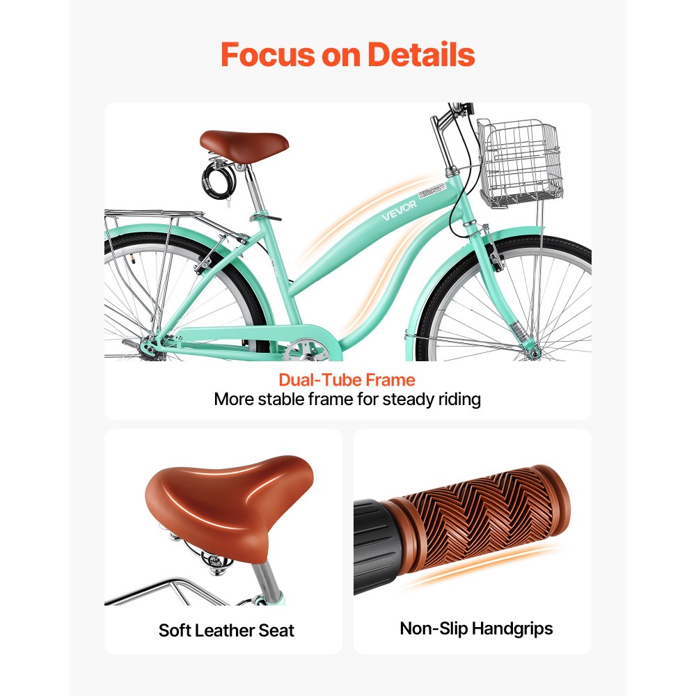 VEVOR dames cruiserfiets van 26 inch, draagvermogen 150 kg, 1 versnelling, lichtgroen, voor dagelijks gebruik en woon-werkverkeer, met rechtopzittende zitpositie, mandje, bagagedrager (tot 50 kg), dubbele V-remmen en complete accessoires.