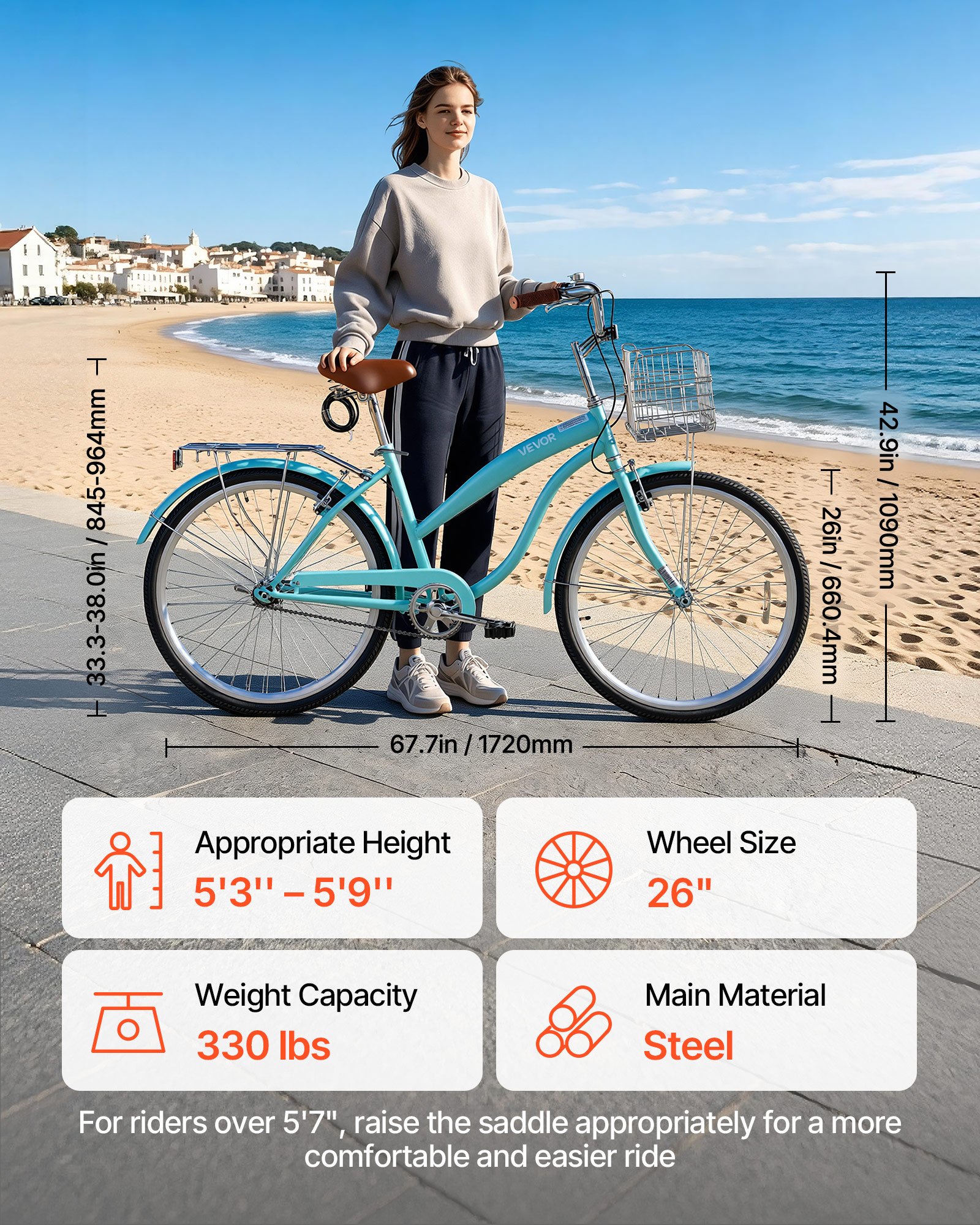 VEVOR dames cruiserfiets van 26 inch, draagvermogen 150 kg, 1 versnelling, lichtgroen, voor dagelijks gebruik en woon-werkverkeer, met rechtopzittende zitpositie, mandje, bagagedrager (tot 50 kg), dubbele V-remmen en complete accessoires.