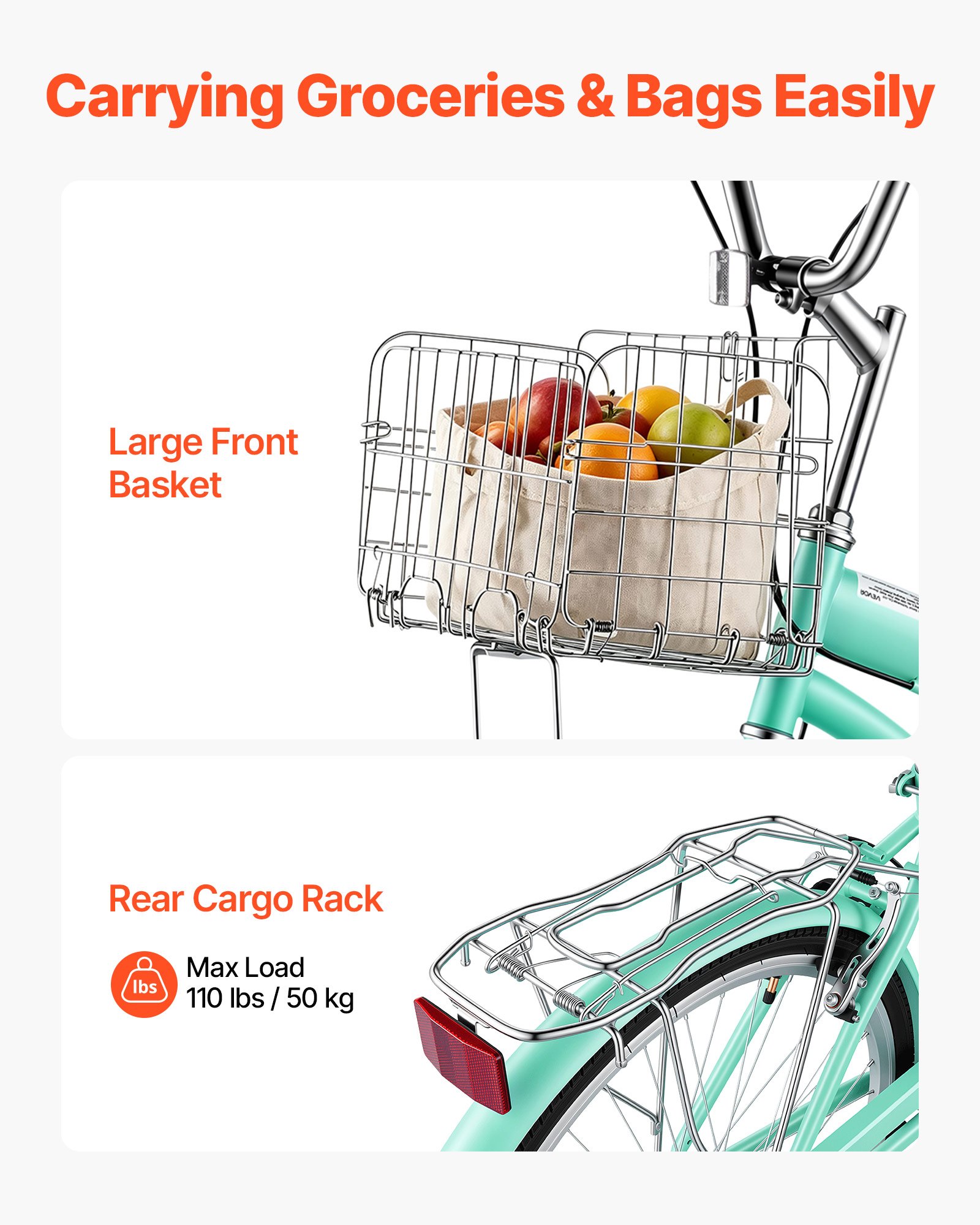 VEVOR dames cruiserfiets van 26 inch, draagvermogen 150 kg, 1 versnelling, lichtgroen, voor dagelijks gebruik en woon-werkverkeer, met rechtopzittende zitpositie, mandje, bagagedrager (tot 50 kg), dubbele V-remmen en complete accessoires.