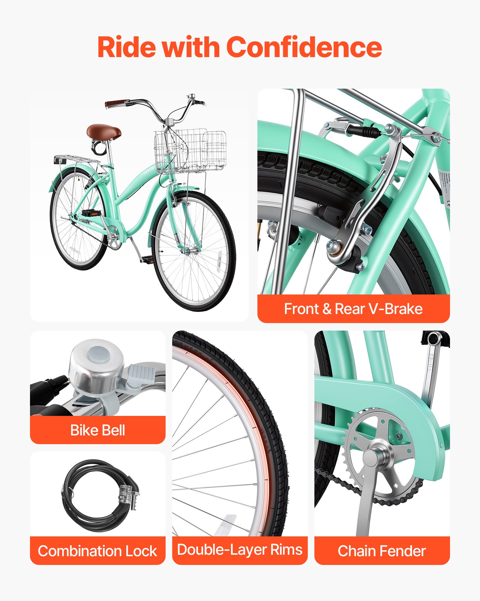 VEVOR dames cruiserfiets van 26 inch, draagvermogen 150 kg, 1 versnelling, lichtgroen, voor dagelijks gebruik en woon-werkverkeer, met rechtopzittende zitpositie, mandje, bagagedrager (tot 50 kg), dubbele V-remmen en complete accessoires.