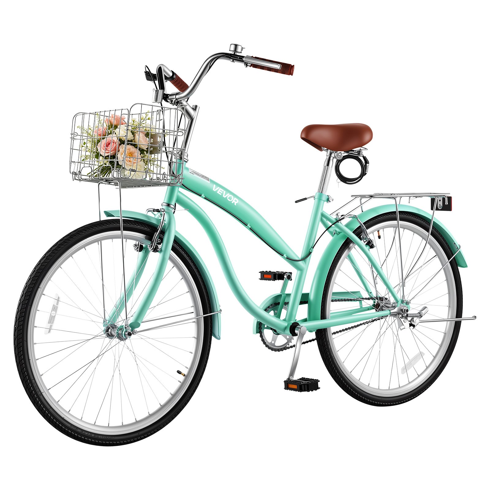 VEVOR dames cruiserfiets van 26 inch, draagvermogen 150 kg, 1 versnelling, lichtgroen, voor dagelijks gebruik en woon-werkverkeer, met rechtopzittende zitpositie, mandje, bagagedrager (tot 50 kg), dubbele V-remmen en complete accessoires.
