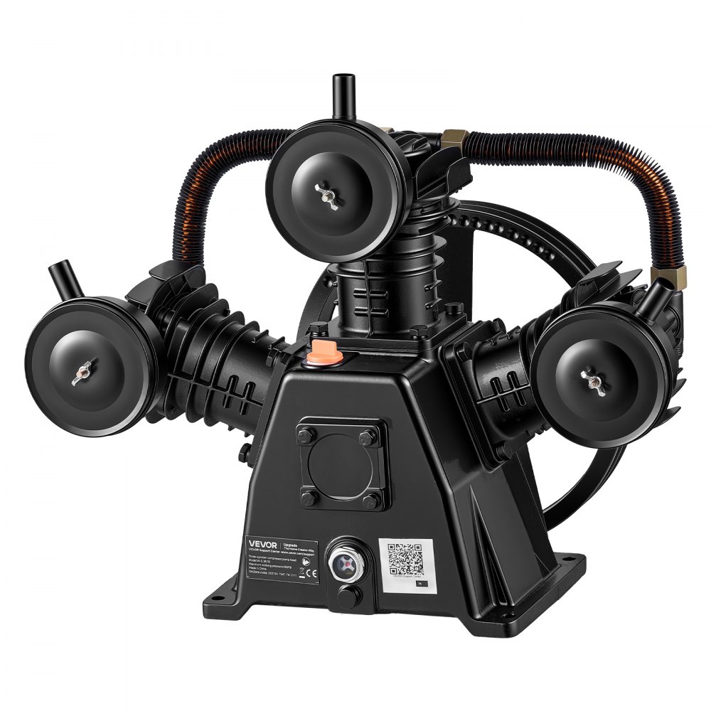 VEVOR luchtcompressorpompkop 4 pk 10 bar persluchtunit met 3 cilinders, compressorunit voor werkplaats en garage, gietijzeren vervangingskop, eentraps, 320 l/min luchtdebiet, met poelie