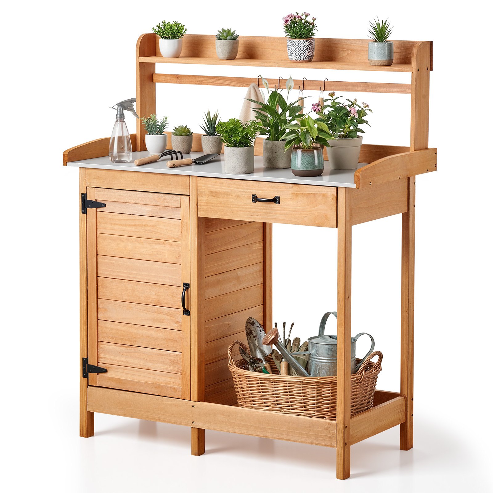 VEVOR Planttafel, Tuintafel, Werktafel met onderkast, Blad van gegalvaniseerd ijzer, Lade, Planken & Haken, Bloementafel, Tuinkast voor Terras & Tuin, 1120x465x1255 mm