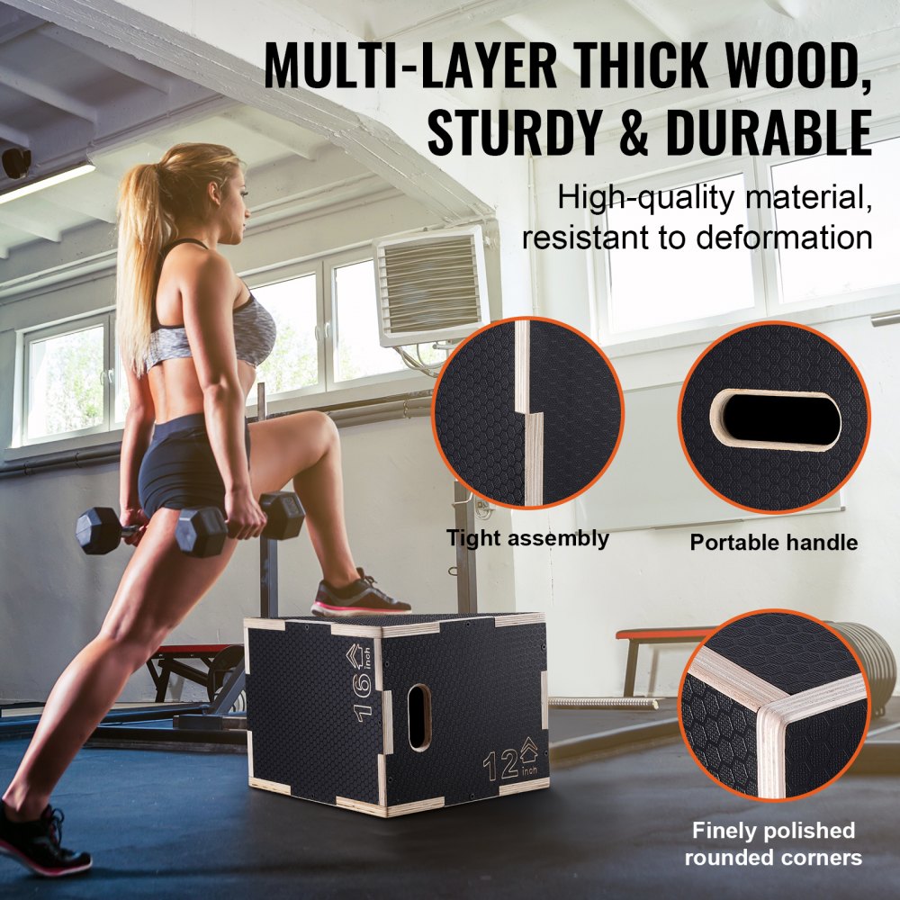 VEVOR 3-in-1 plyometrische jumpbox 16/14/12-inch plyobox, jumpbox, 204 kg laadvermogen, fitnessoefening, step-up box voor thuistraining, jumpkrachttraining, zwart, verstelbare hoogte