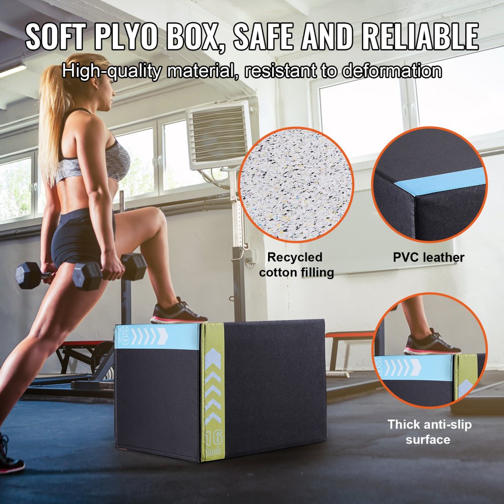 VEVOR 3-in-1 plyometrische jumpbox, 20/18/16 inch katoenen plyobox, draagvermogen 100 kg, antislip fitness-oefenbox voor thuis, springkrachttraining, zwart, verstelbare hoogte