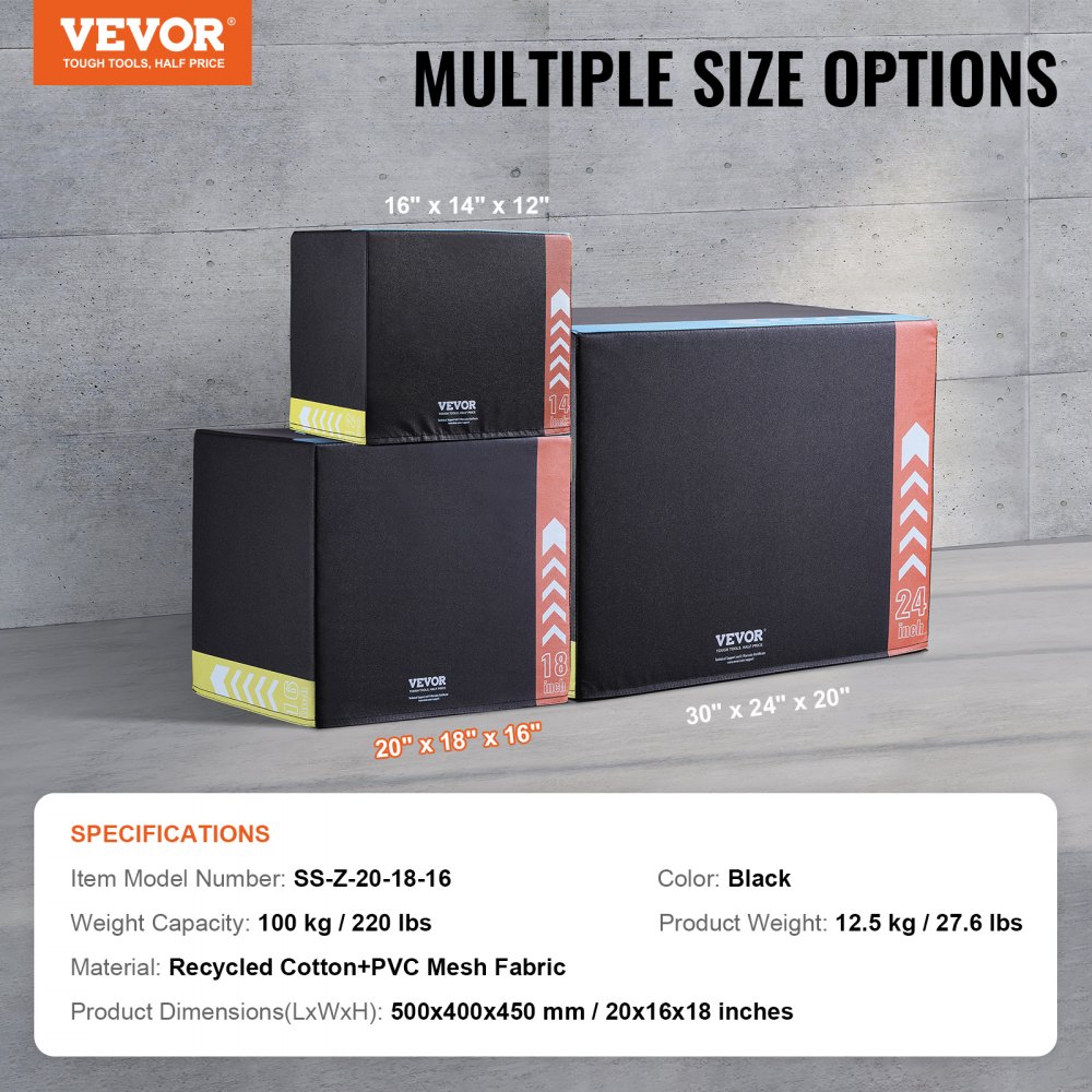 VEVOR 3-in-1 plyometrische jumpbox, 20/18/16 inch katoenen plyobox, draagvermogen 100 kg, antislip fitness-oefenbox voor thuis, springkrachttraining, zwart, verstelbare hoogte