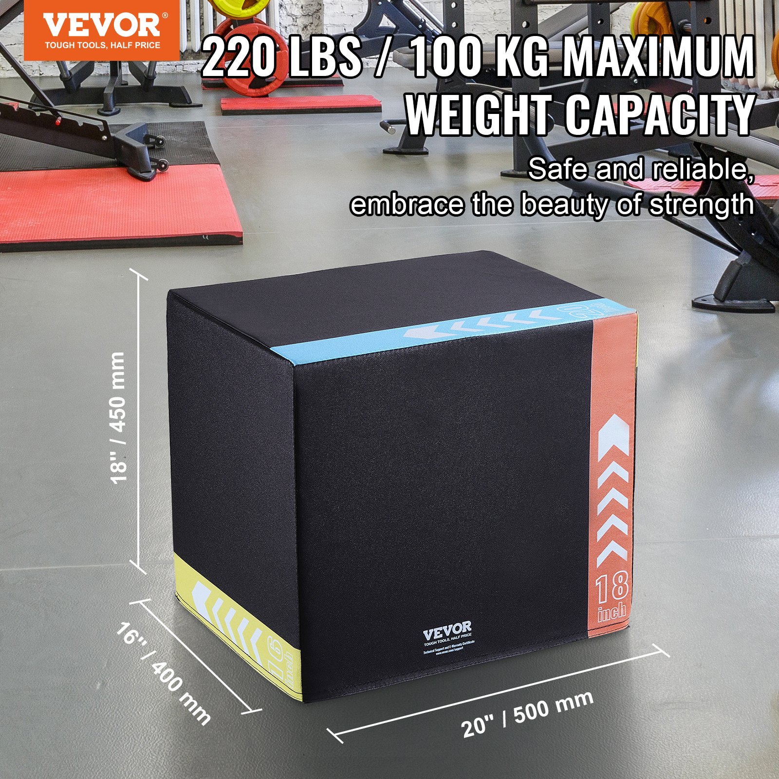 VEVOR 3-in-1 plyometrische jumpbox, 20/18/16 inch katoenen plyobox, draagvermogen 100 kg, antislip fitness-oefenbox voor thuis, springkrachttraining, zwart, verstelbare hoogte