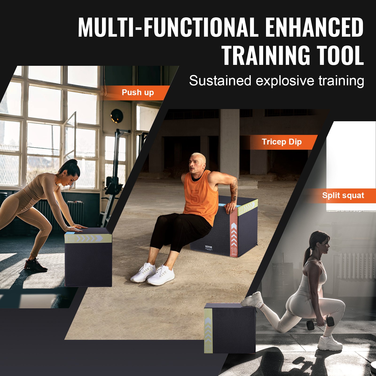 VEVOR 3-in-1 plyometrische jumpbox, 20/18/16 inch katoenen plyobox, draagvermogen 100 kg, antislip fitness-oefenbox voor thuis, springkrachttraining, zwart, verstelbare hoogte