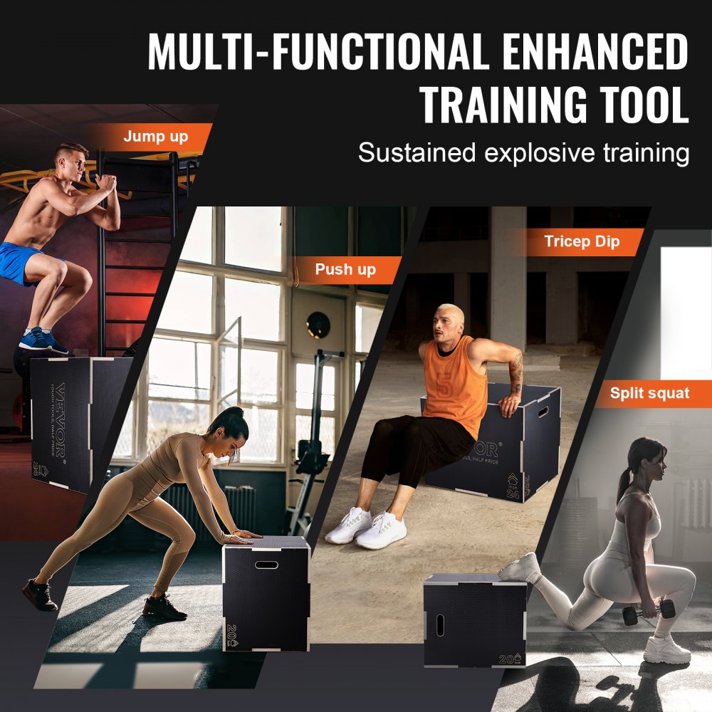 VEVOR 3-in-1 plyometrische jumpbox 30/24/20-inch plyobox, jumpbox 204 kg laadvermogen, fitnessoefening step-up box voor thuistraining, jump strength training zwart verstelbare hoogte