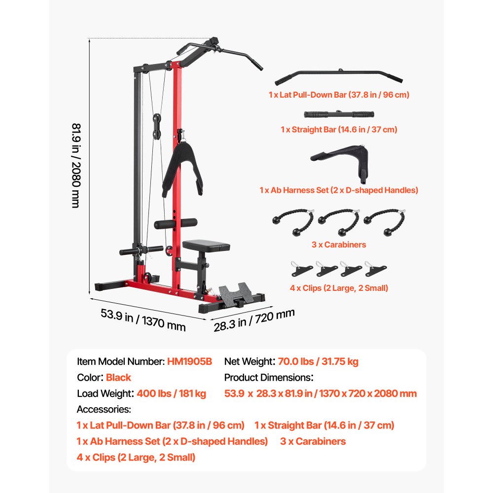 VEVOR Lat Pulldown Station, 3-in-1 Lat Pulldown Tower, Power Station met Lat Pulldown Bar & Cable Pulley, Draagvermogen tot 181 kg, Krachttraining voor Rug, Armen, Schouders, Buikspieren, Lat Pulldown Machine voor Thuisfitnesscentrum, Zwart