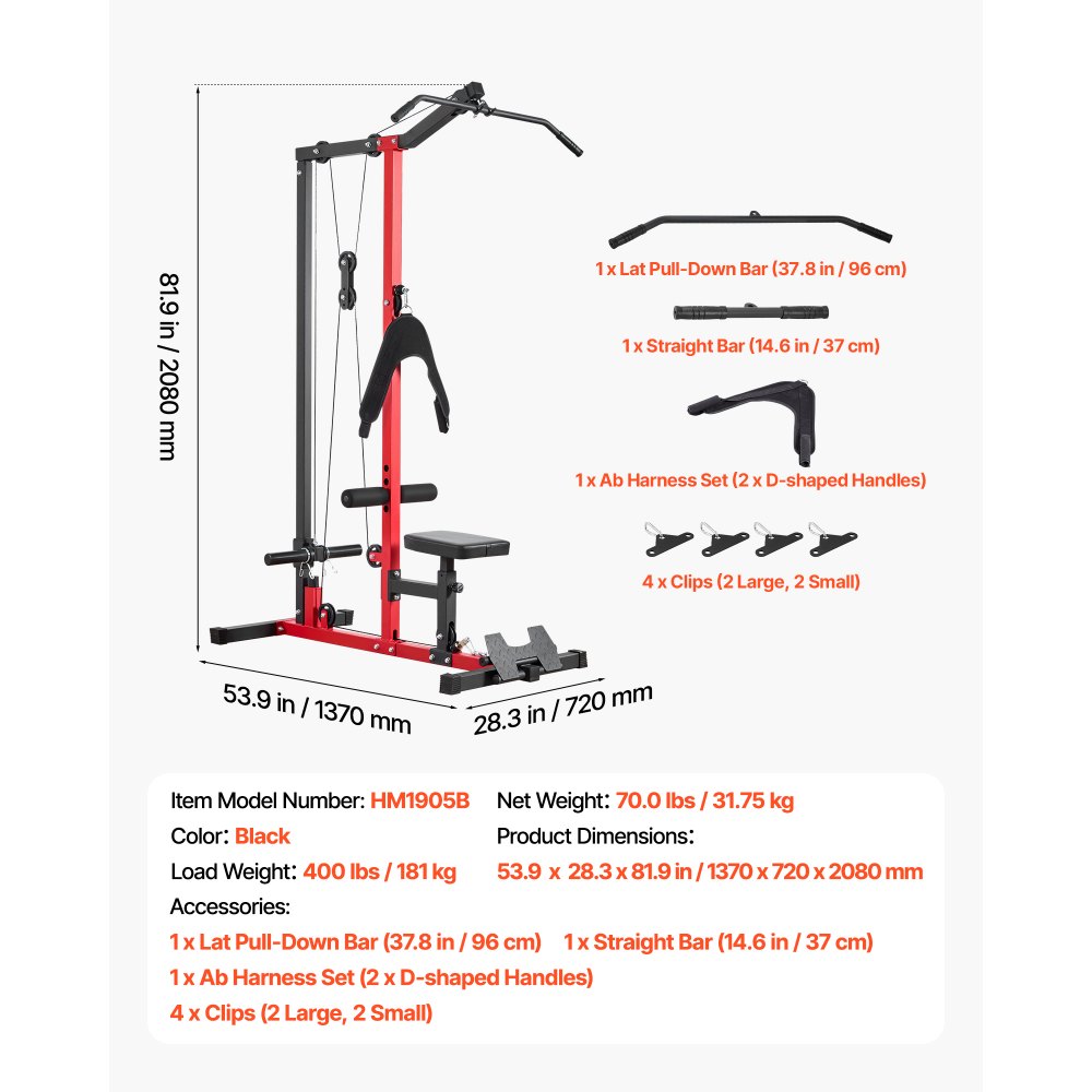 VEVOR Lat Pulldown Station, 3-in-1 Lat Pulldown Tower, Power Station met Lat Pulldown Bar & Cable Pulley, Draagvermogen tot 181 kg, Krachttraining voor Rug, Armen, Schouders, Buikspieren, Lat Pulldown Machine voor Thuisfitnesscentrum, Zwart
