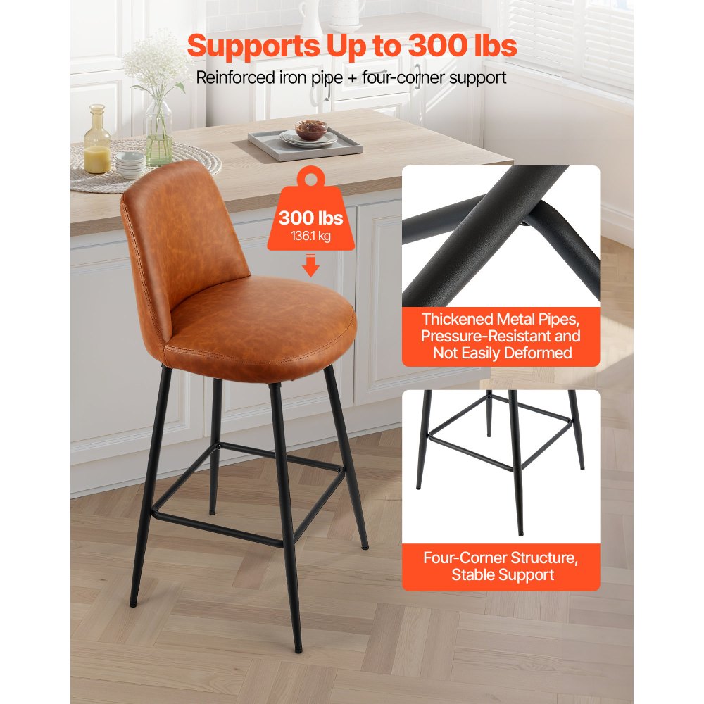 VEVOR Bar Stool Set of 3, 69cm Counter Height Swivel Stools, Modern PU Leather Counter Barstool with Backrest and Metal Legs, Armless Bar Chair, Island Barstool for Kitchen, Dining Room, Brown