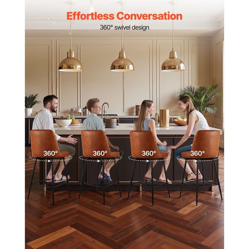 VEVOR Bar Stool Set of 3, 69cm Counter Height Swivel Stools, Modern PU Leather Counter Barstool with Backrest and Metal Legs, Armless Bar Chair, Island Barstool for Kitchen, Dining Room, Brown
