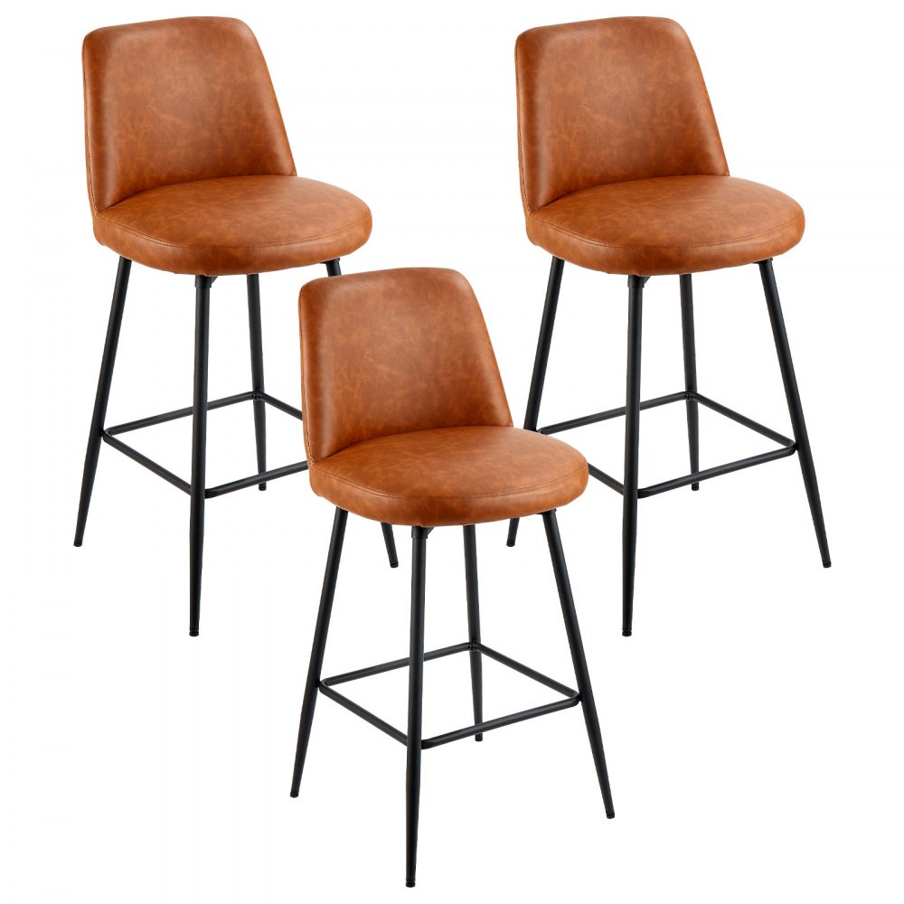VEVOR Bar Stool Set of 3, 69cm Counter Height Swivel Stools, Modern PU Leather Counter Barstool with Backrest and Metal Legs, Armless Bar Chair, Island Barstool for Kitchen, Dining Room, Brown