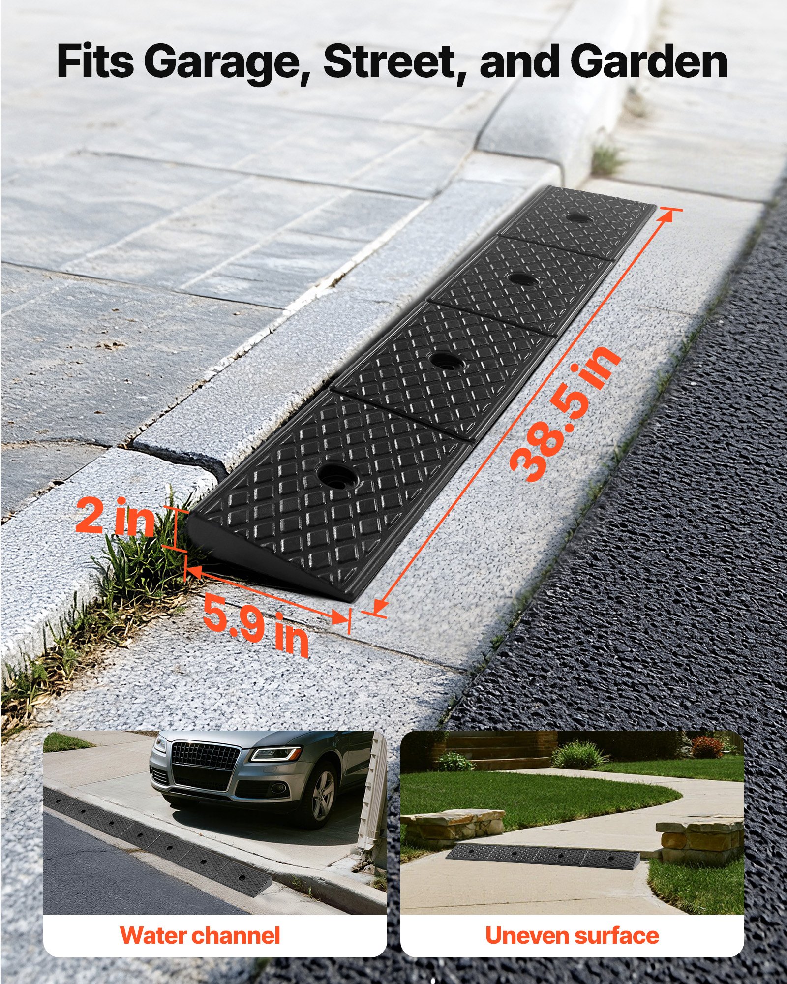 VEVOR Rubber Curb Ramp, 15 Tons Load Capacity, 50.8 mm Rise Height Heavy Duty Rubber Threshold Ramp with Drainage Tank for Wheelchairs, Strollers, Motorcycles, Cars, Lawn Mowers & Trailers, 2 Pack