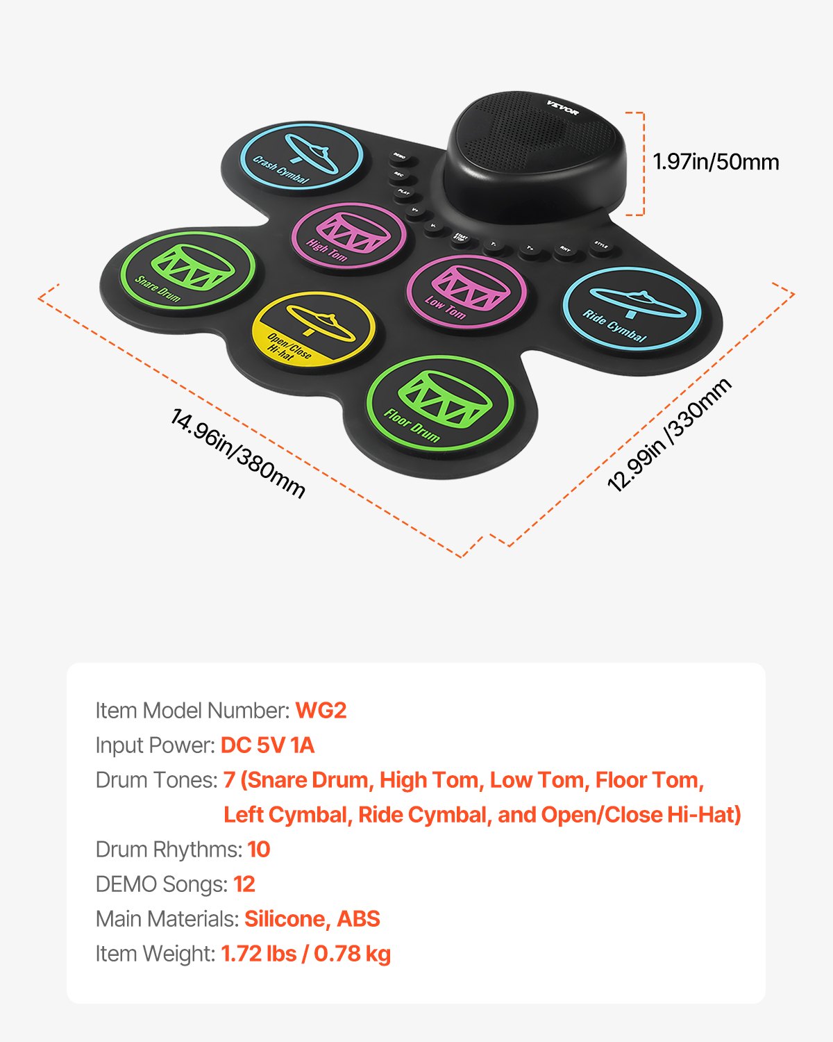 VEVOR Electric Drum Set, 7 Pads, Roll-up Drum Practice Pad, Electronic Drumset with Headphone