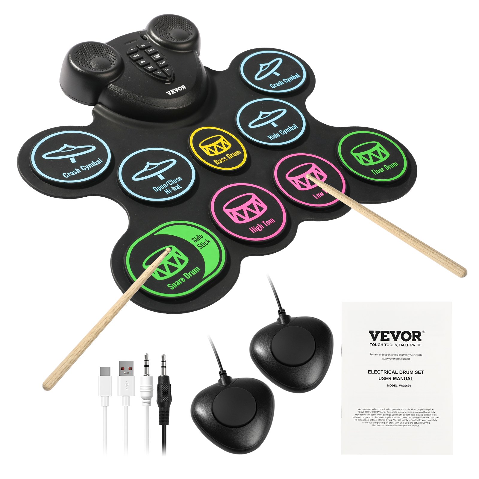 VEVOR elektronische drumset, 9 pads, met koptelefoonaansluiting, dubbele pedalen, drumstokken, geïntegreerde dubbele luidsprekers, MIDI, draagbaar instrumentspeelgoed voor kinderen vanaf 3 jaar