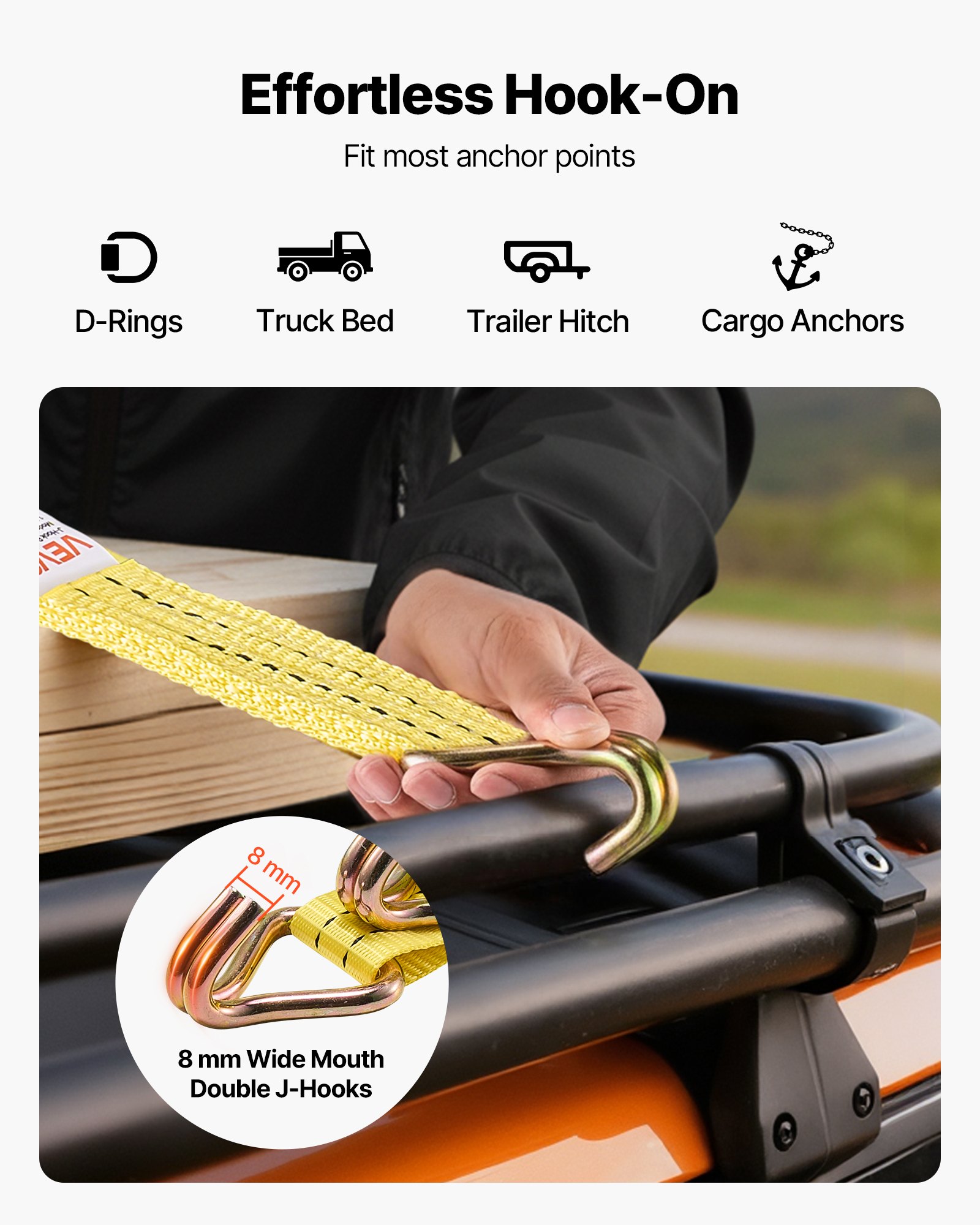 VEVOR Ratchet Straps, 38.1 mm x 6.1 m, Heavy Duty Tie Down Straps with Double J Hook, 2000 kg Break Strength, Carry Bag, Tie Down Ratcheting for Moving, Trailers, Motorcycles, Kayaks, Car Roof, 4 Pack