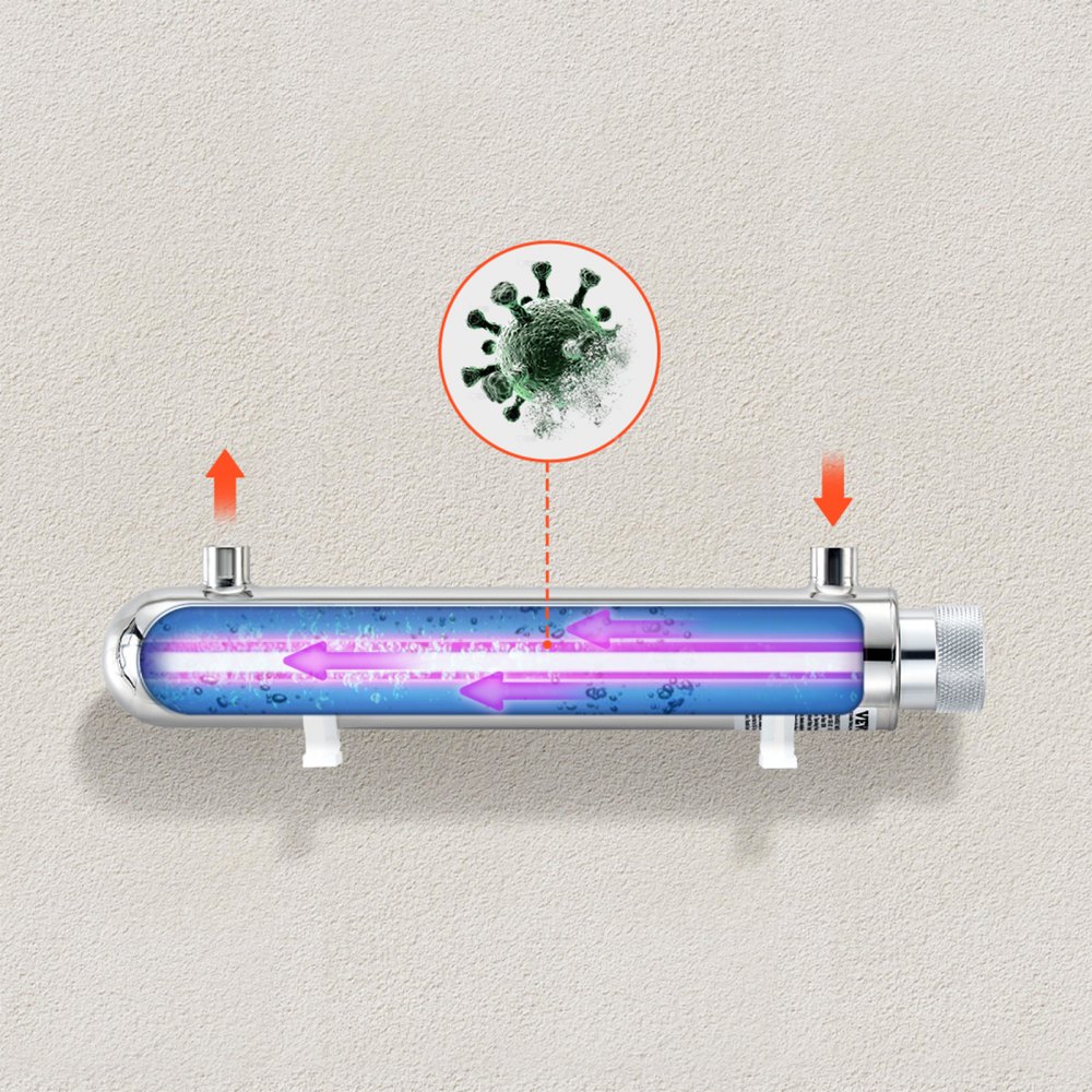 VEVOR UV Water Purifier, 12W 1GPM, 220V Versatile Ultraviolet Water Purifier Filter with Stainless Steel Housing, Whole House UV Water Filter with Quartz Sleeve Fit for Shower/Drinking/Cleaning