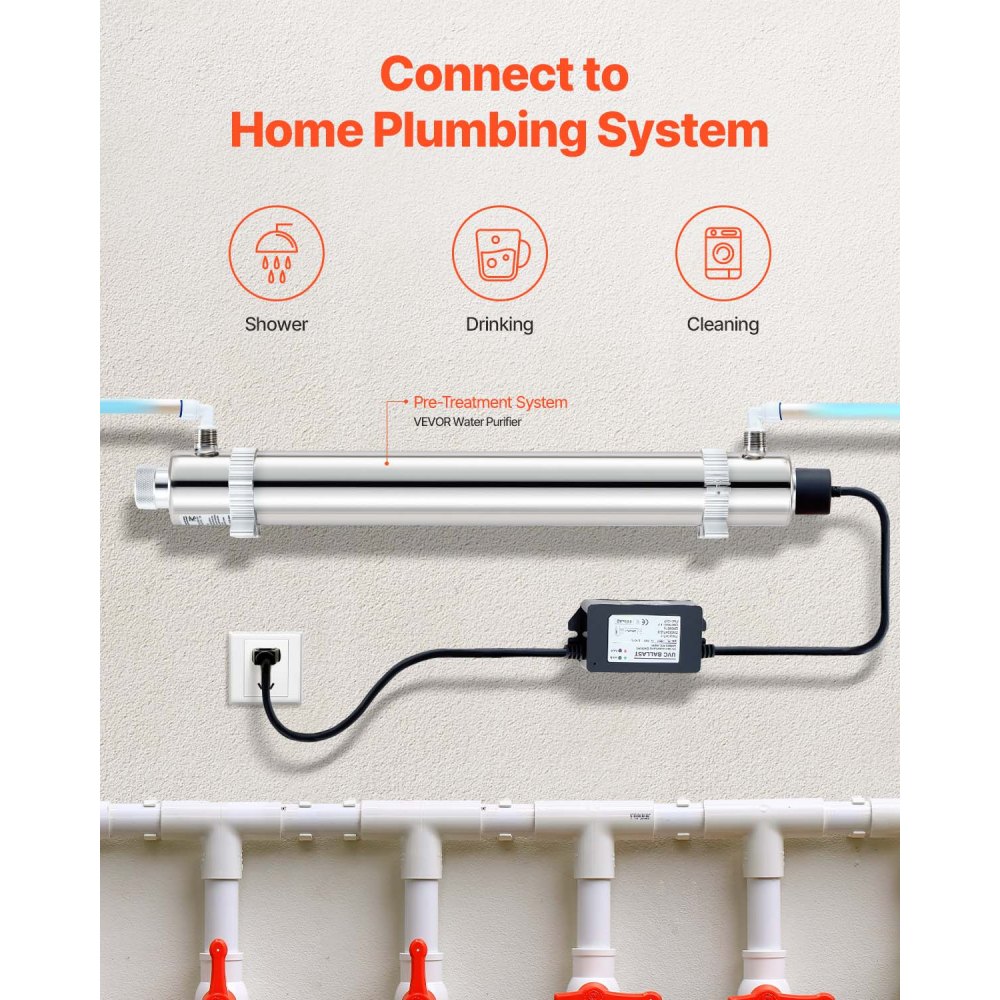 VEVOR UV Water Purifier, 25W 6GPM, 220V Versatile Ultraviolet Water Purifier Filter with Stainless Steel Housing, Whole House UV Water Filter with Quartz Sleeve Fit for Shower/Drinking/Cleaning