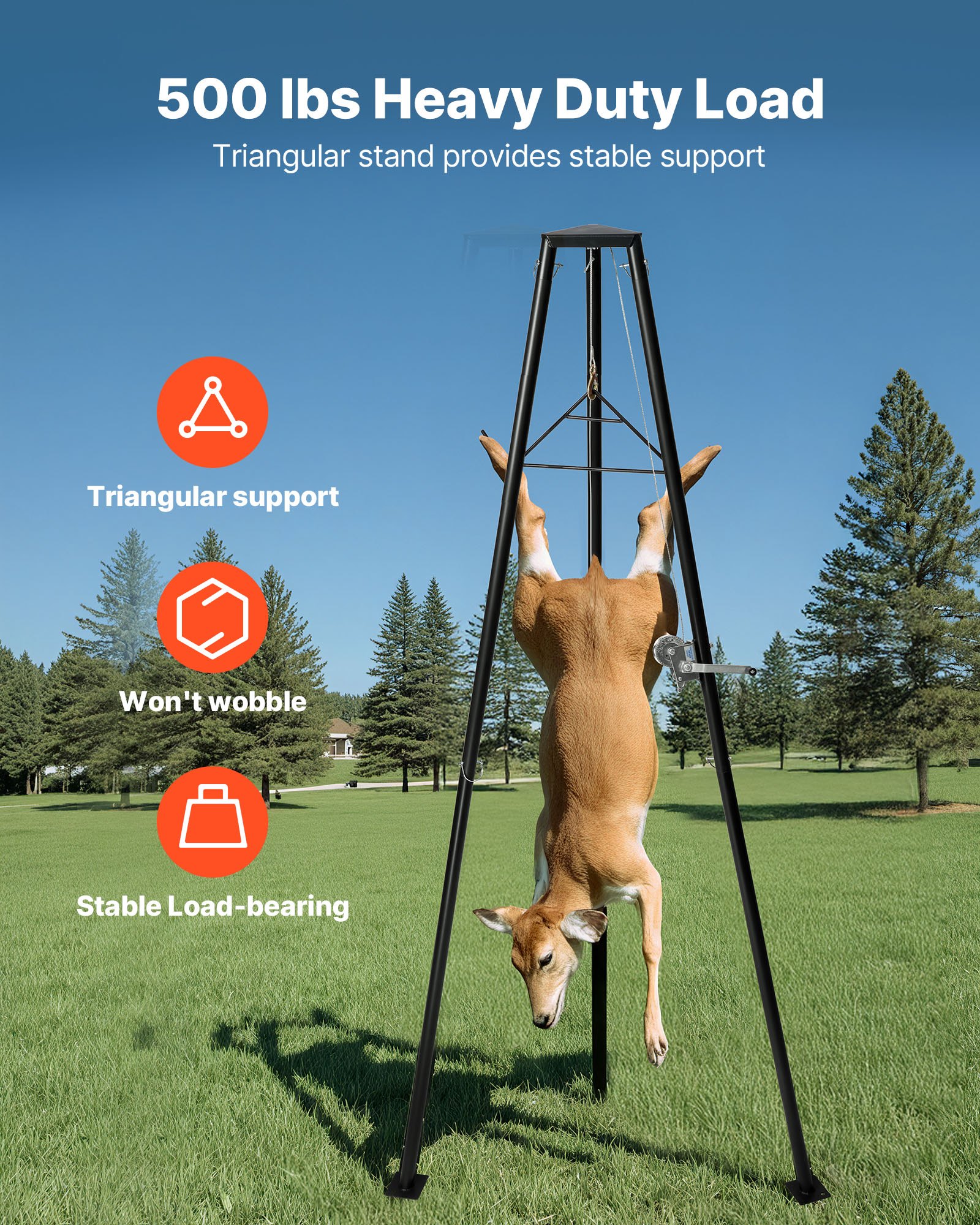 VEVOR Tripod Deer Hoist, 500 lbs Load Capacity, Hunting Game Hoist Winch Lift with Gambrel & Manual Winch, Hunting Game Skinning and Cleaning Accessory for Cleaning, Skinning, and Moving, Black