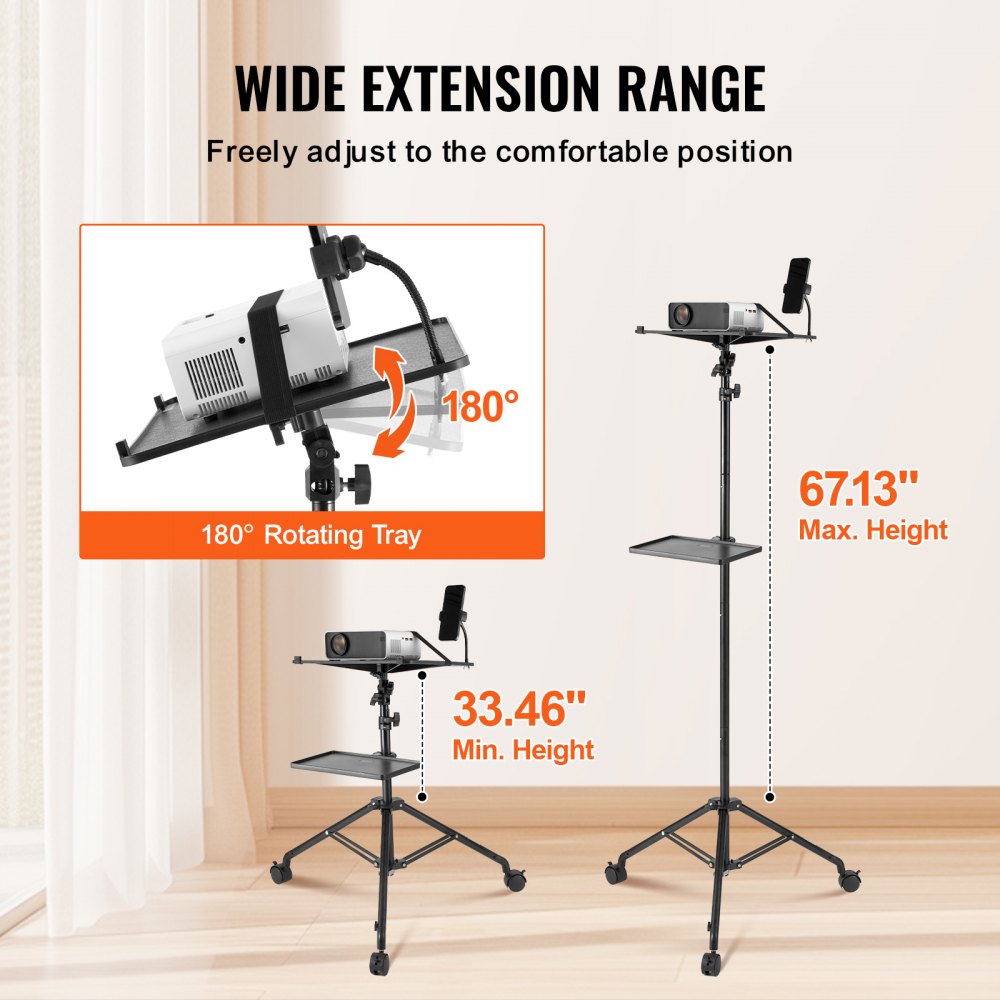 VEVOR Projectorstandaard met wielen, laptopstatief, in hoogte verstelbaar van 795 tot 1710 mm, projectorstatief met 2 planken en flexibele telefoonhouder, voor buiten/kantoor/studio, thuis