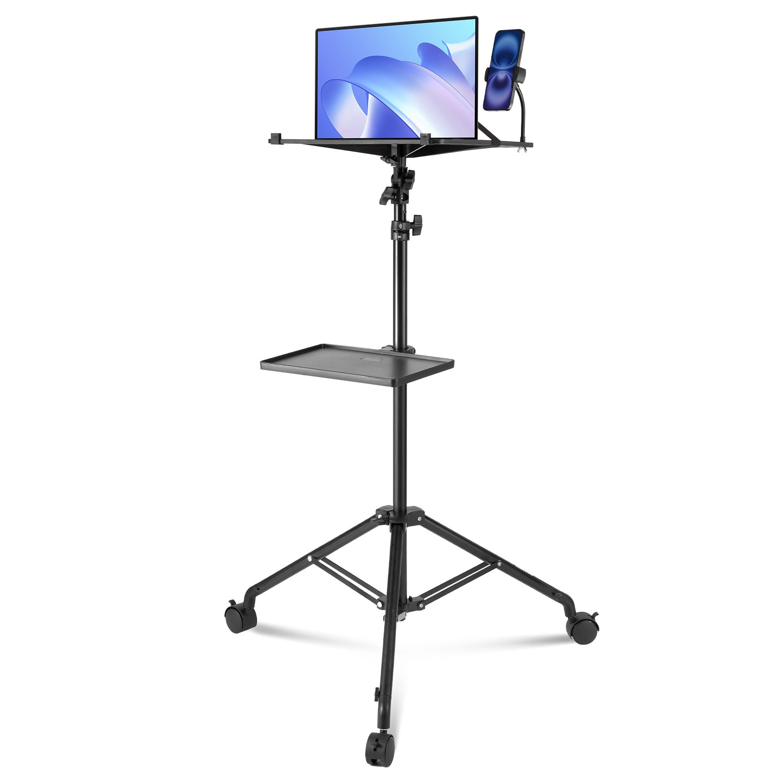 VEVOR Projectorstandaard met wielen, laptopstatief, in hoogte verstelbaar van 795 tot 1710 mm, projectorstatief met 2 planken en flexibele telefoonhouder, voor buiten/kantoor/studio, thuis