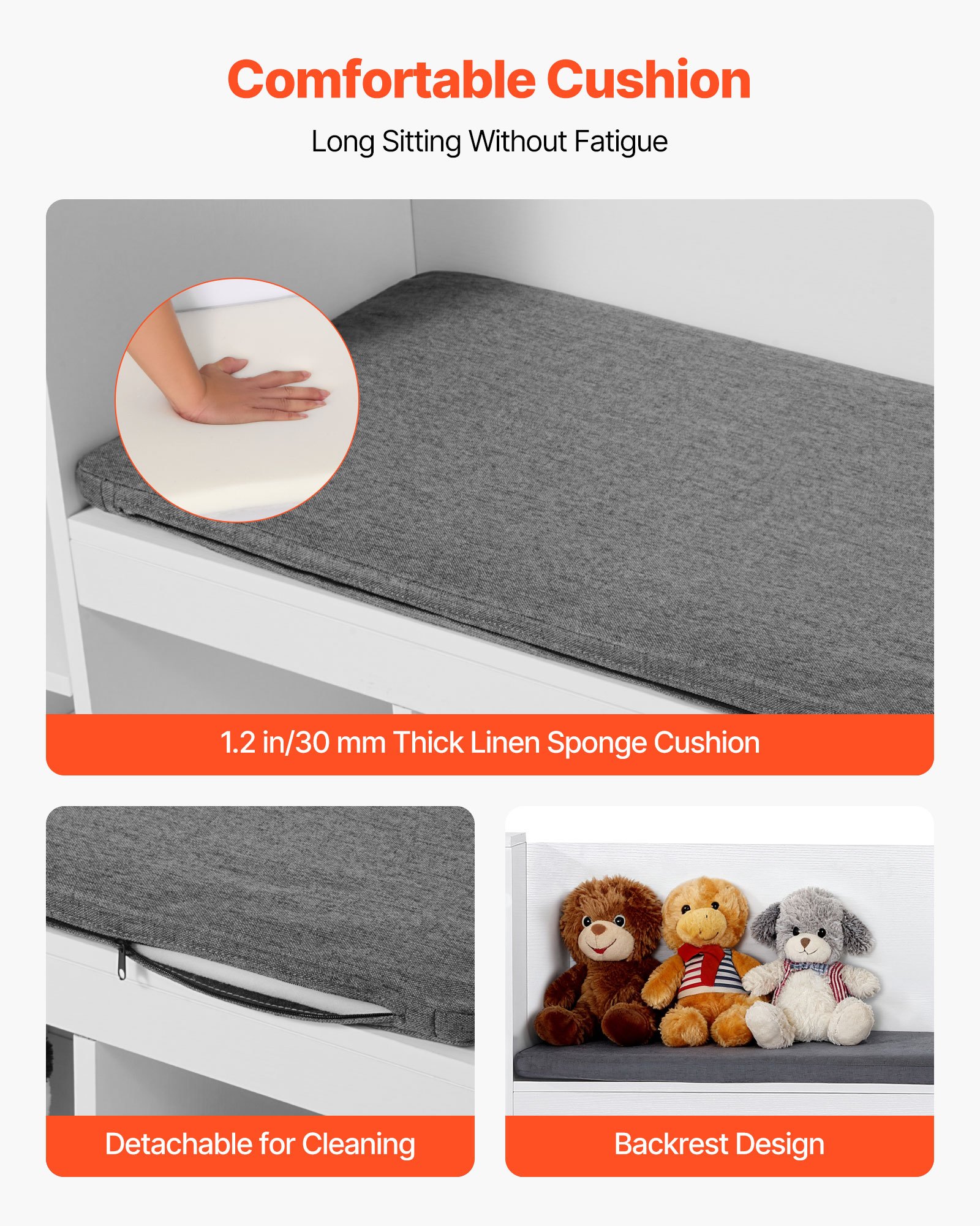 VEVOR Kinderplank met bankje, rugleuning, boekenplank en speelgoedorganizer, speelgoedkist/opbergkast voor speelkamer, woonkamer of hal, 170 x 40 x 80 cm, wit