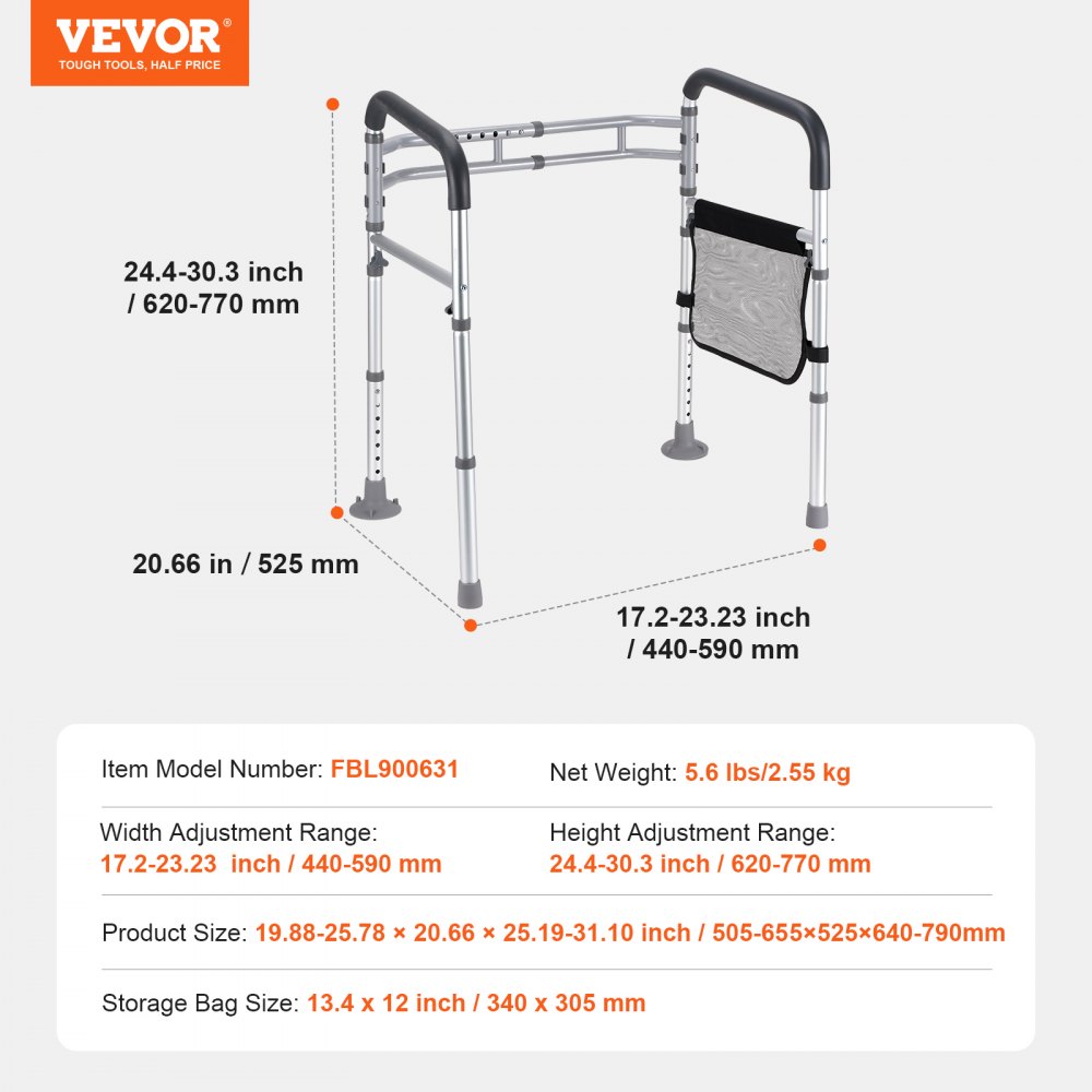 VEVOR Toilet Veiligheidsleuning Staande Hulp Toilet 136 kg Toiletzitting met Antislip Handgrepen, Toiletleuningen met Versterkte Aluminiumlegering Buis, voor Zwangere Vrouwen Gewond