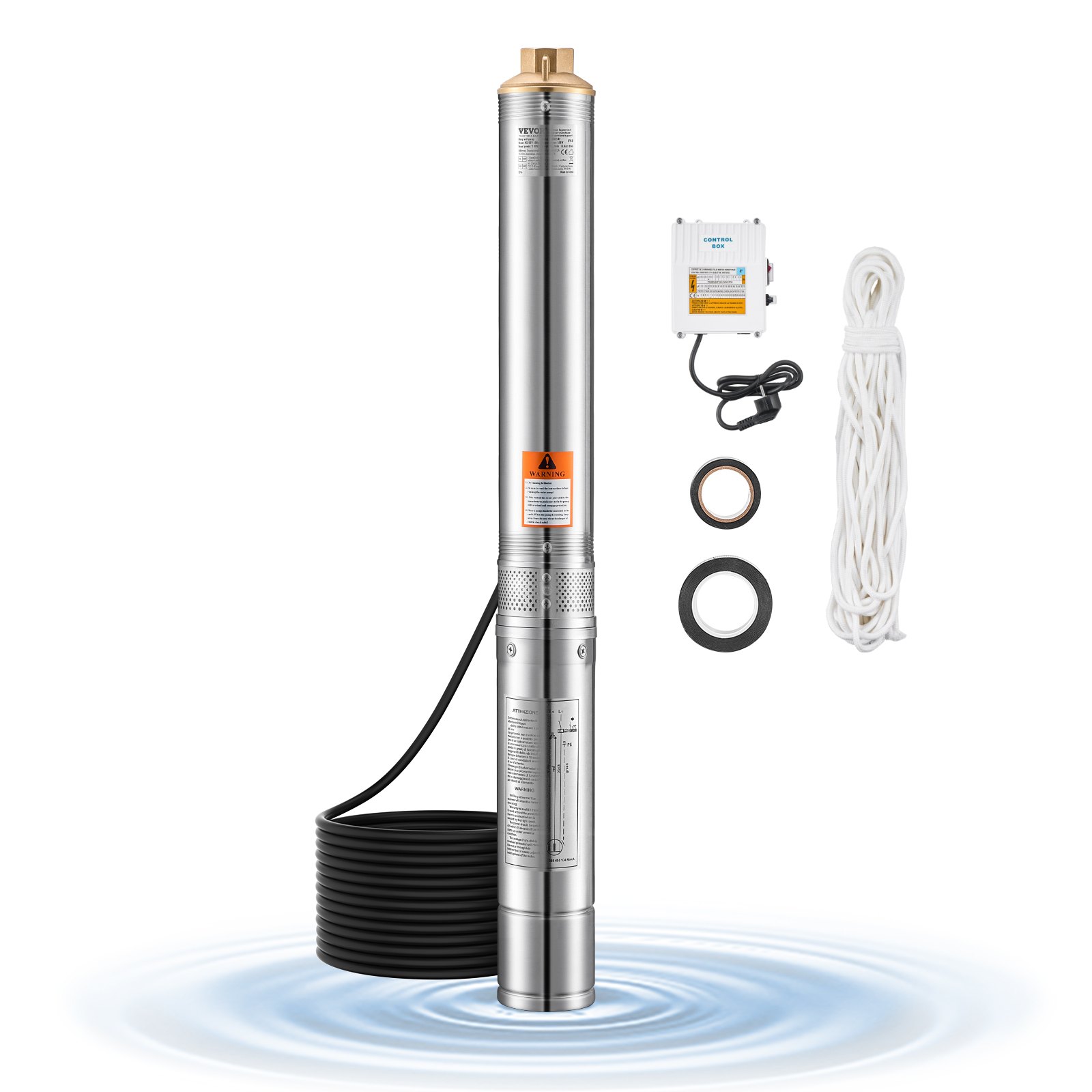 VEVOR Deep Well Submersible Pump, 550W Output Power, 230V, 65 L/min Flow 279 ft Head, with 65.62 ft Cord External Control Box, Stainless Steel Water Pump, for Industrial Irrigation and Home Use, IP68