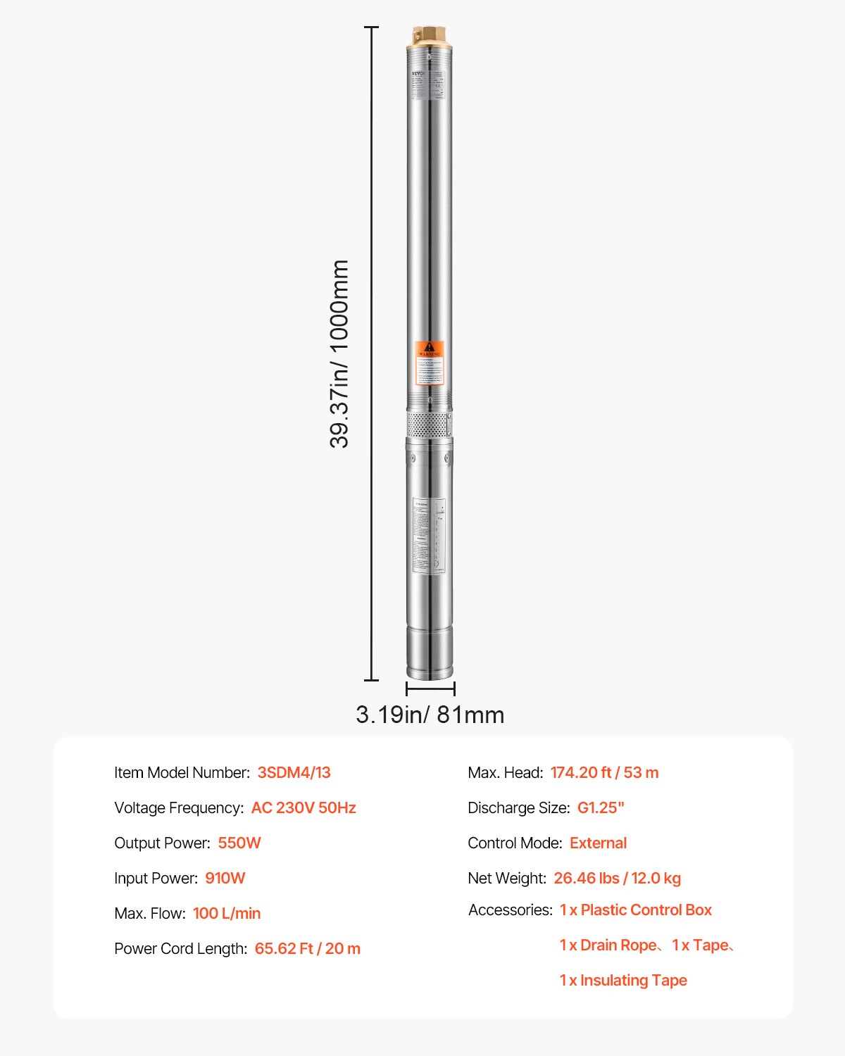 VEVOR Deep Well Submersible Pump, 550W Output Power, 230V, 100 L/min Flow 174 ft Head, with 65.62 ft Cord External Control Box, Stainless Steel Water Pump, for Industrial Irrigation and Home Use, IP68