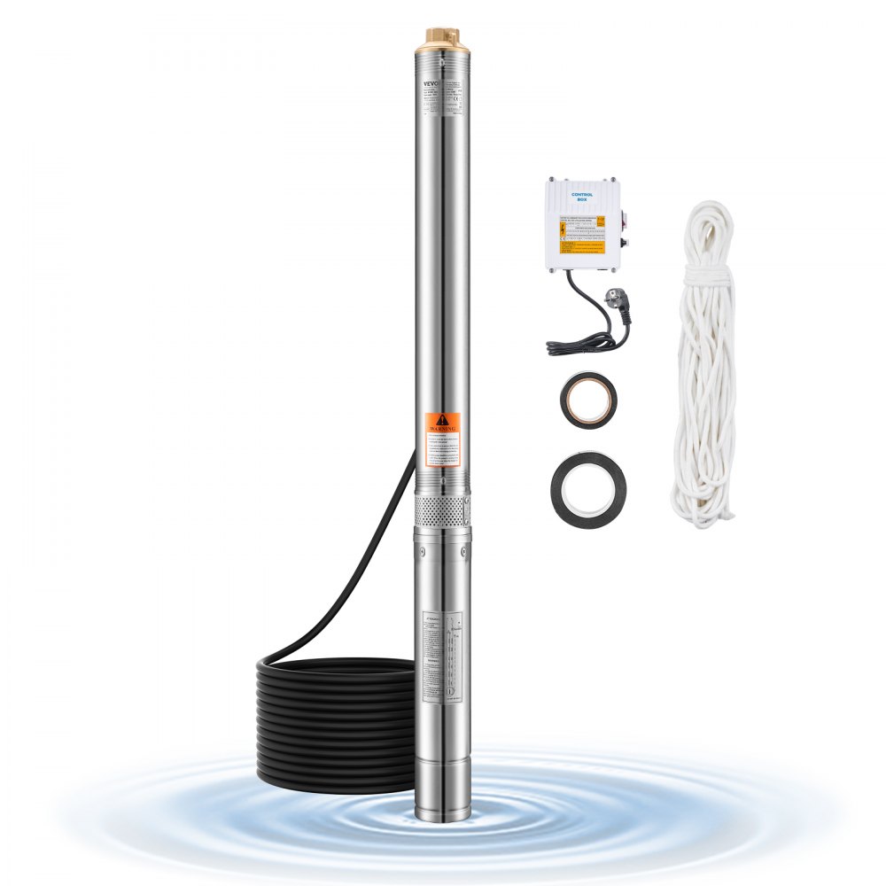 VEVOR Diepwaterpomp, 550W uitgangsvermogen, 65 l/min. Debiet, 64 m opvoerhoogte, met 20 m kabel, externe bedieningskast, roestvrijstalen waterpomp, voor industriële irrigatie en thuisgebruik, IP68