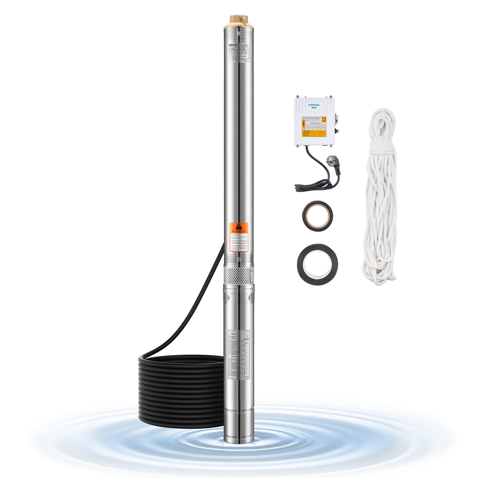 VEVOR Diepwaterpomp, 550W uitgangsvermogen, 65 l/min. Debiet, 64 m opvoerhoogte, met 20 m kabel, externe bedieningskast, roestvrijstalen waterpomp, voor industriële irrigatie en thuisgebruik, IP68