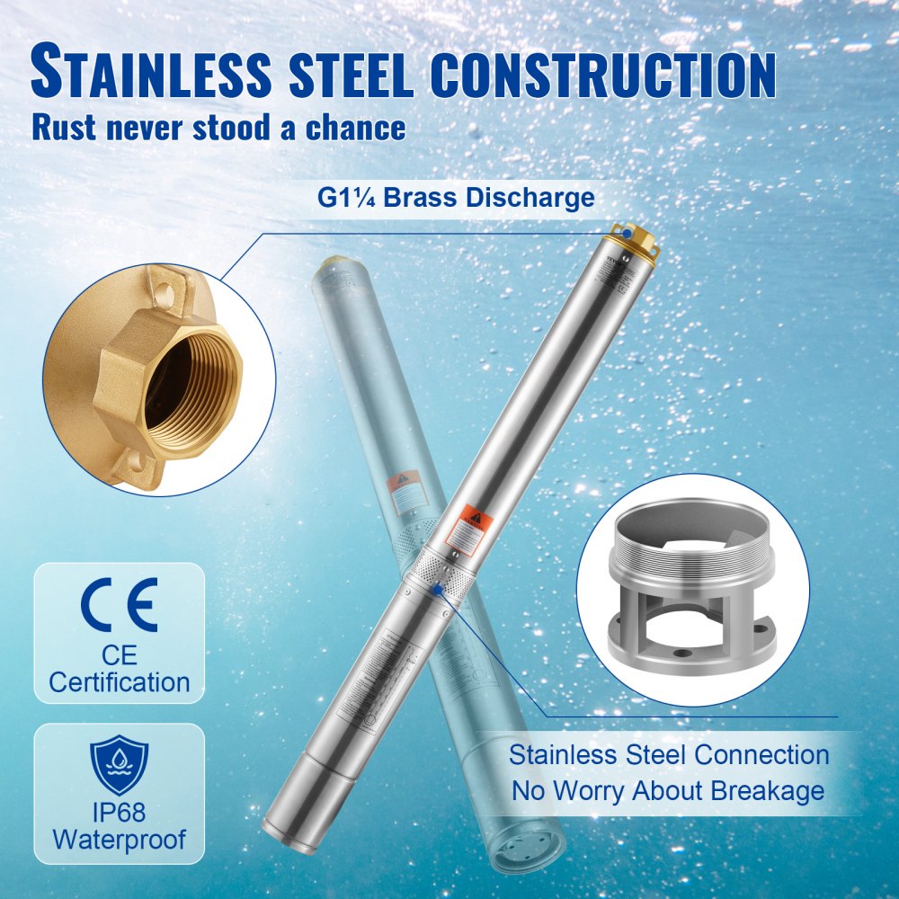 VEVOR Deep Well Submersible Pump, 1100W 230V 50Hz, 7.1 m³/h Max Flow 105 m Max Head with 19.4 m Electric Cord, Stainless Steel Water Pumps for Industrial Irrigation and Home Use, IP68 Waterproof Grade