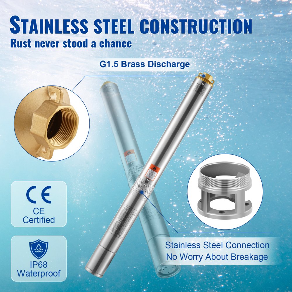VEVOR Diepwaterpomp, 2200W, 230V, 9,8m³/u debiet, 144m opvoerhoogte, met 19,4m kabel en externe bedieningskast, roestvrijstalen waterpompen voor industriële irrigatie en thuisgebruik, IP68 waterdicht