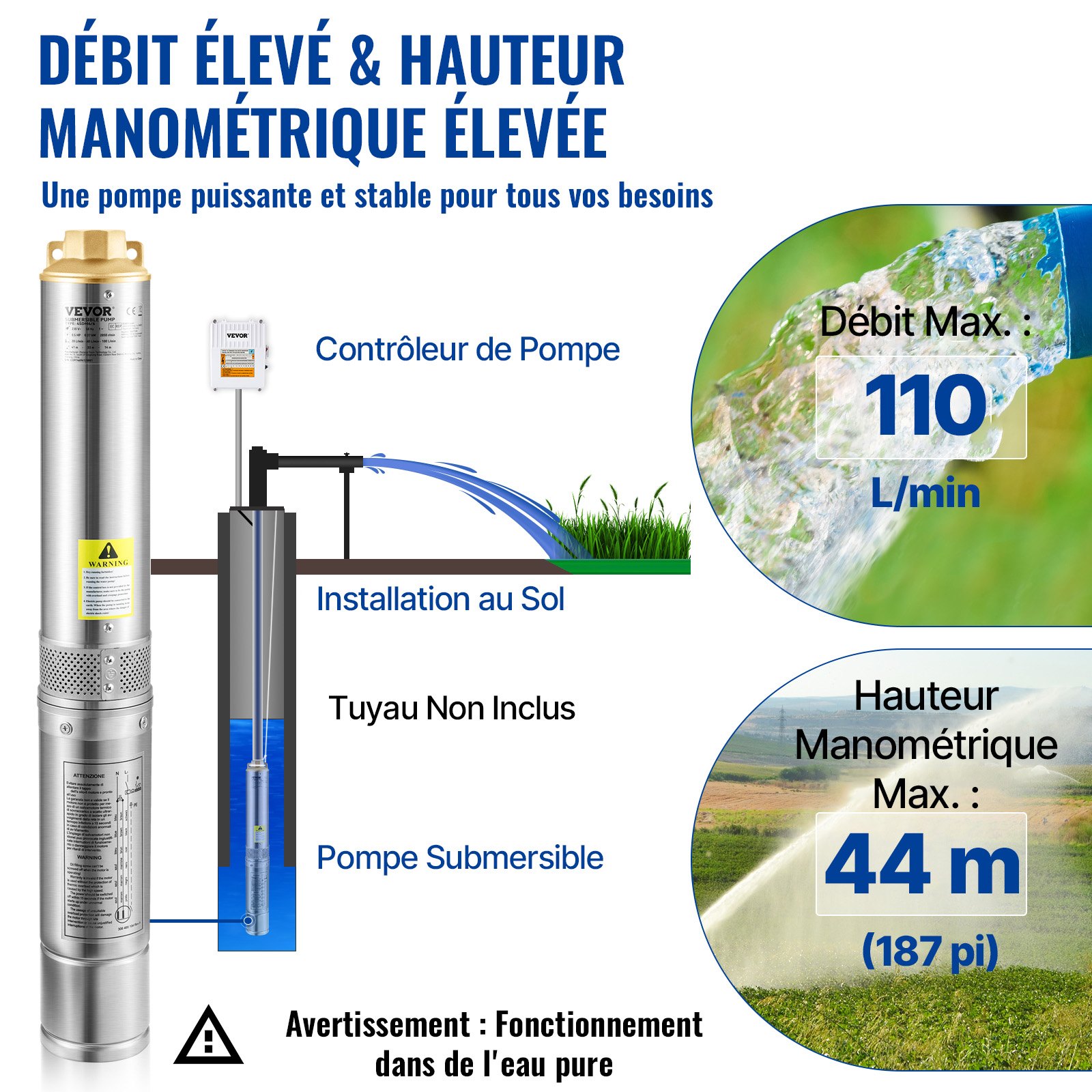 VEVOR 4" Diepwaterpomp 370W Bronpomp 110L/min Dompelpomp Max. Opvoerhoogte 44m Buispomp 230V 50Hz Zandpomp RVS Waterpomp 0-40℃ Pomp Ideaal voor irrigatie Watertoevoer Drainage